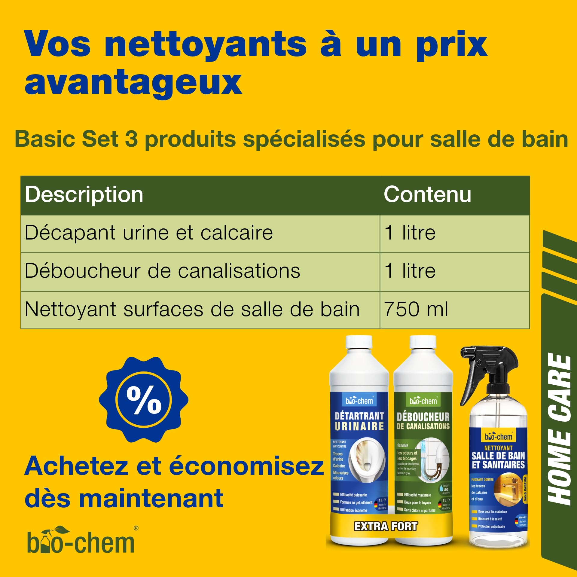 bio-chem Set de 3 nettoyants pour salle de bain, douches, WC | Déboucheur de canalisation 1L - Décapant urine et calcaire 1L - Produit surfaces de salle de bain 750ml