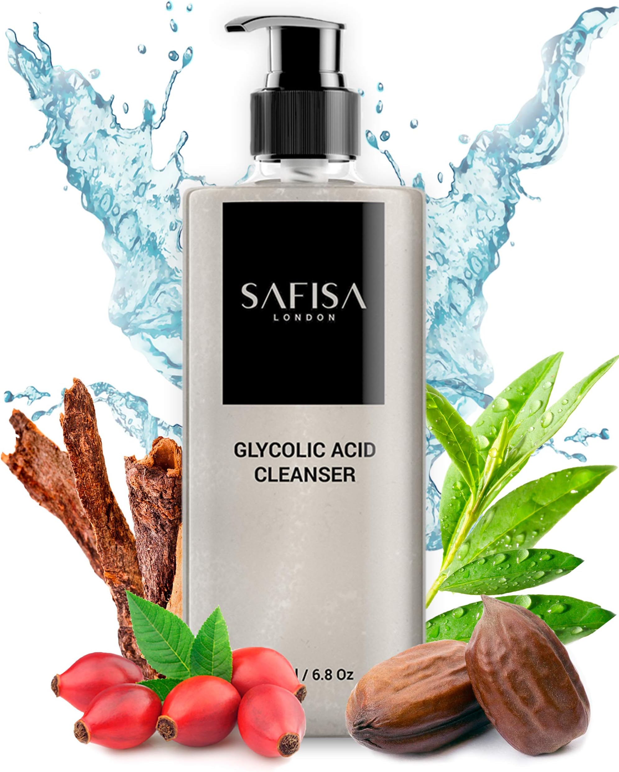 Glycolic Acid Face Wash exfoliating cleanser 6.8 oz | AHA anti-aging, wrinkles, fine lines reducing skin gel | acne scar treatment deep cleansing facial wash | vitamin C, jojoba & tea tree oil