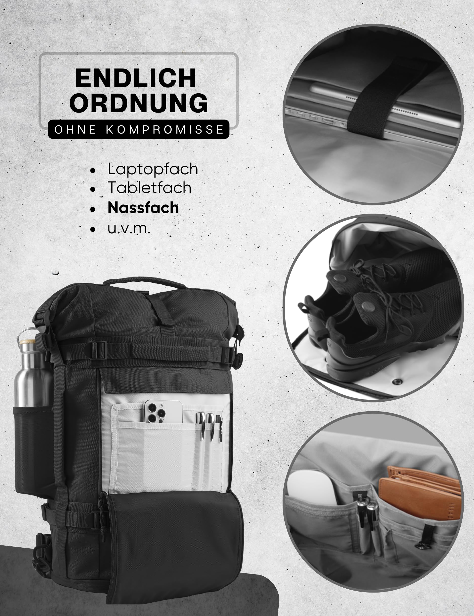 Explorer | Rolltop Rucksack Herren & Damen [30-40L] 18“ laptop backpack | Handgepäck Reiserucksack groß | Wasserabweisend | Weekender für Arbeit Uni Wandern Outdoor Survival Travel Camping und Gym