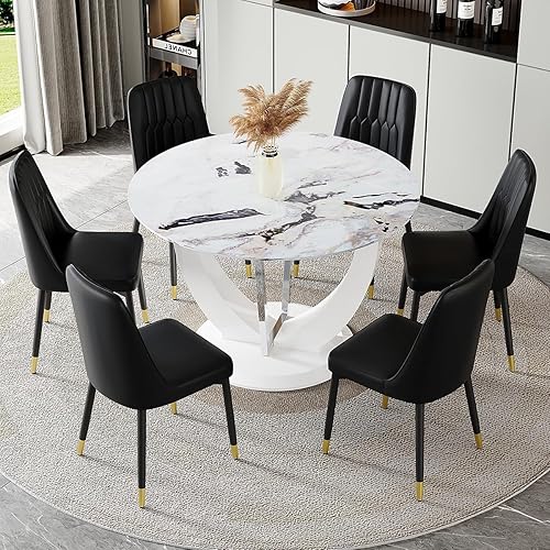Miniatura 33 de JUFU Juego de mesa redonda de comedor para 6 con sillas, juego de mesa y sillas de 48" compuesto por 6 piezas con superficie de mármol y asiento