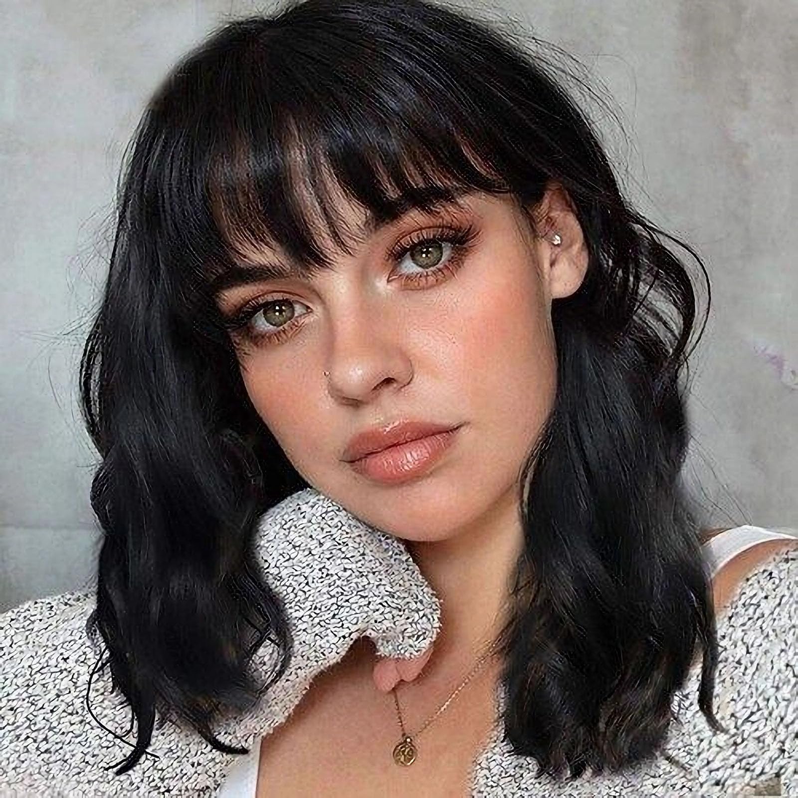WIGER Human Hair Natural Wave Wigs with Bangs Black Wavy Bob Wigs for Black Women None Lace Front Wigs Brazilian Virgin Human Hair Glueless Loose Curly Wig for Daily (14 Inches)