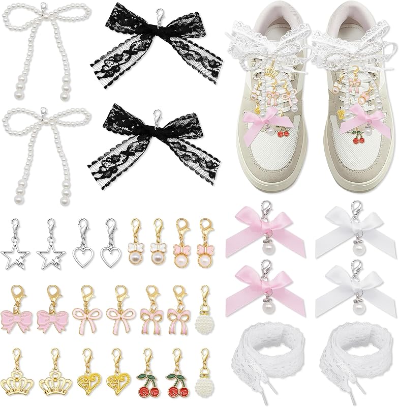 32 Pièces Sneakers Ornements, 16 Styles Clip on Charms pour Baskets, Nœud Cœur Perle Breloques de Chaussures Pendentifs de Lacets pour DIY Chaussures Chaussettes Sacs Chapeaux