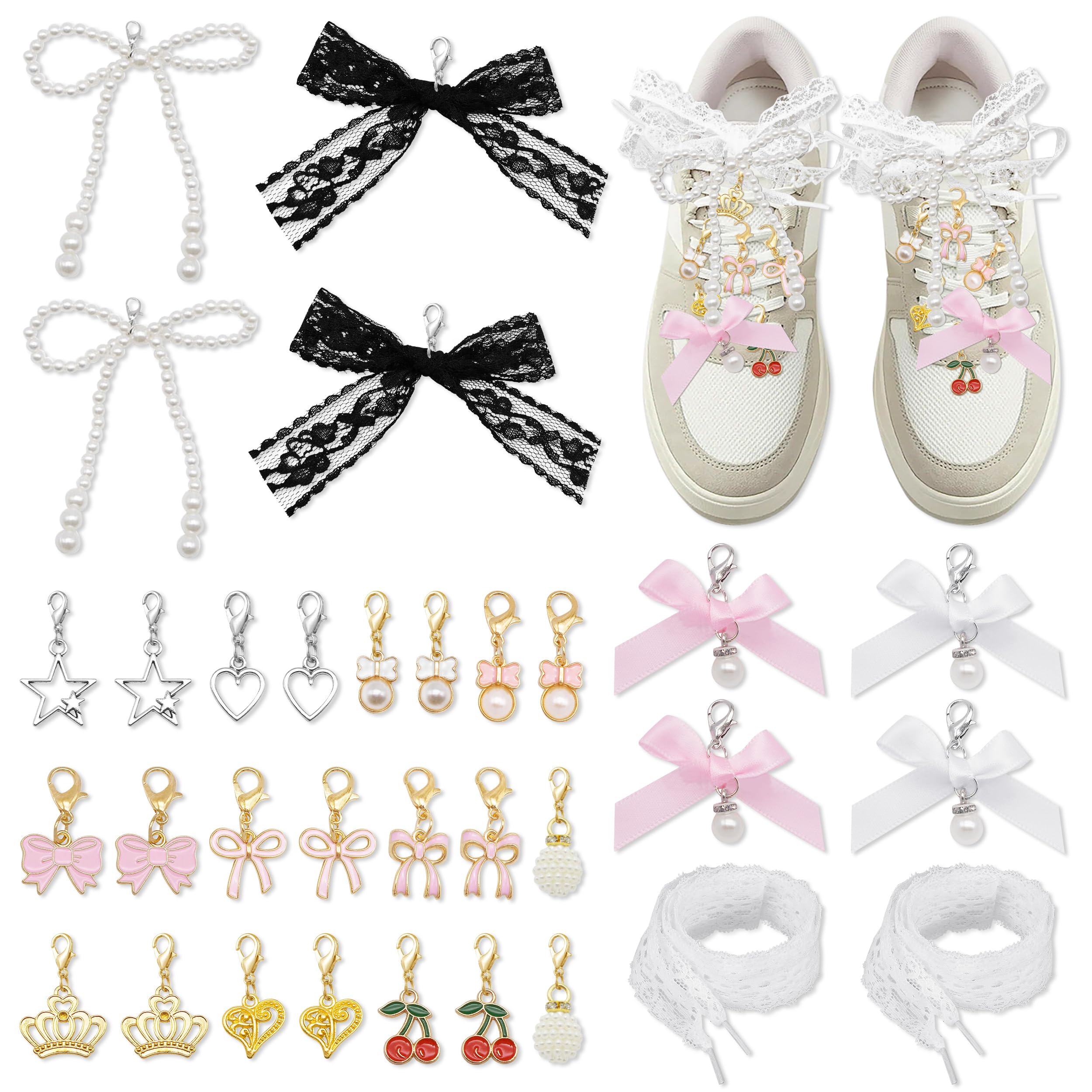 32 Pièces Sneakers Ornements, 16 Styles Clip on Charms pour Baskets, Nœud Cœur Perle Breloques de Chaussures Pendentifs de Lacets pour DIY Chaussures Chaussettes Sacs Chapeaux - 1