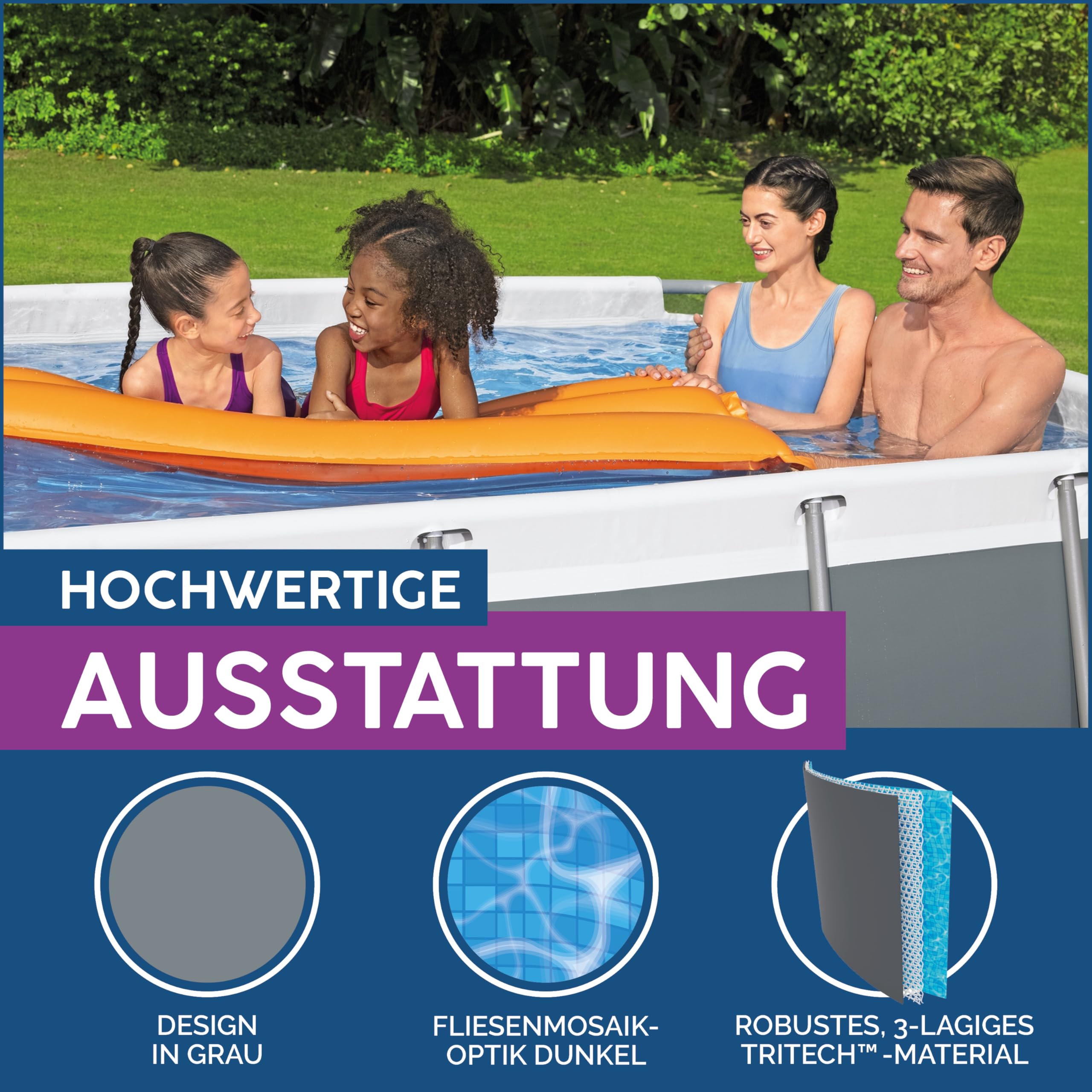 Bestway Power Steel Frame Pool Set mit Sandfilteranlage 404 x 201 x 100 cm, grau, eckig