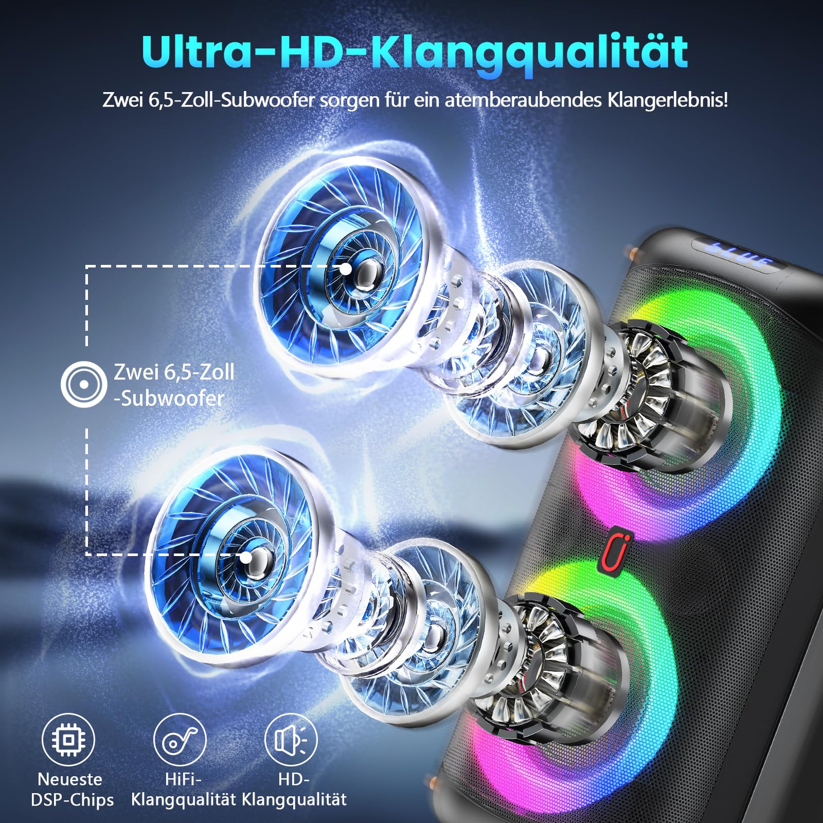 HWWR Karaoke Maschine mit 2 Mikrofonen, Tragbare PA Anlage mit Bluetooth 5.3, EQ Modi, RGB Licht, TWS, USB/TF/AUX, Karaoke Set für Erwachsene und Outdoor-Partys