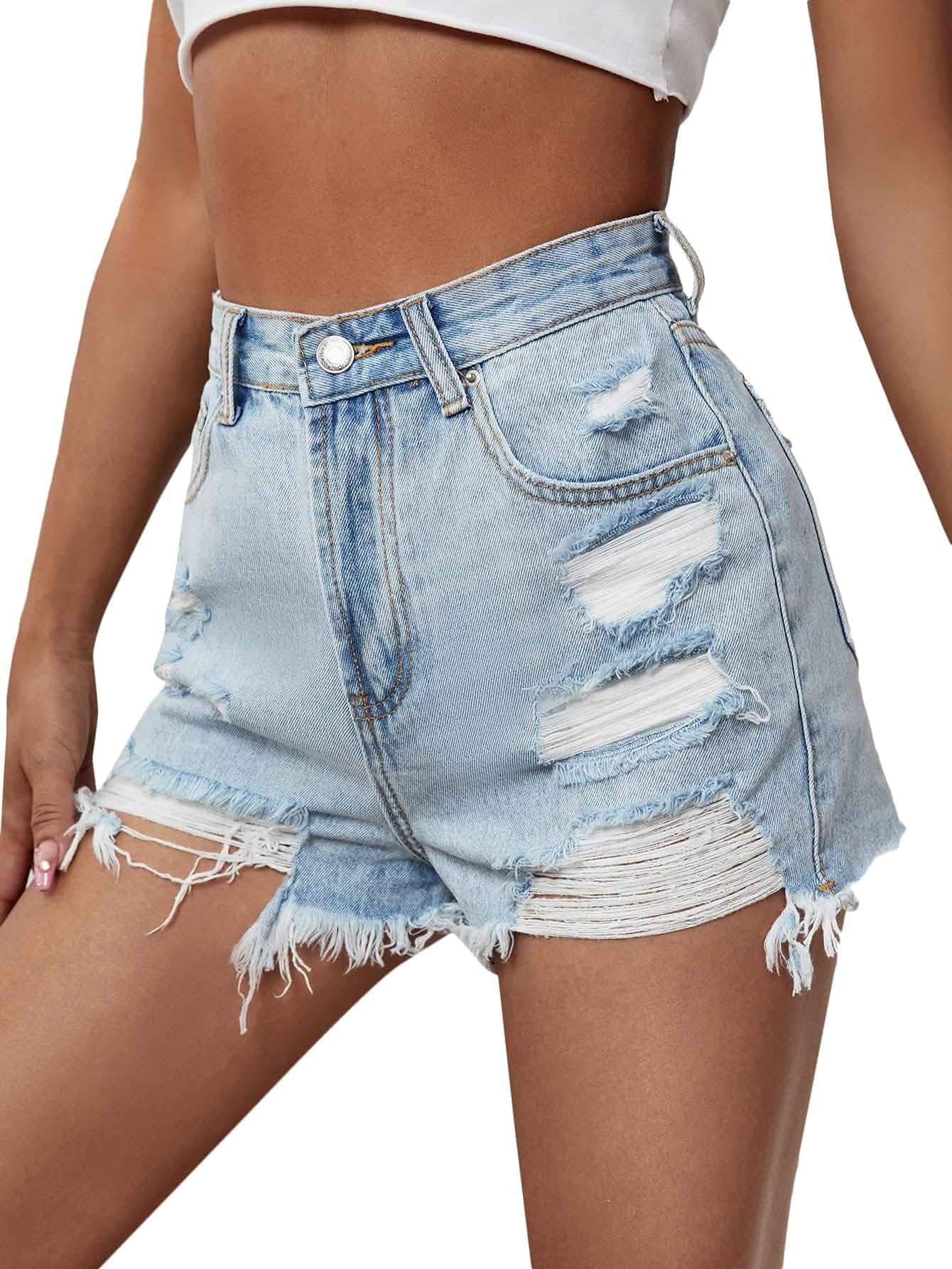 Floerns Women's Ripped Raw Hem High Wait Straight Leg Solid Denim Shorts
