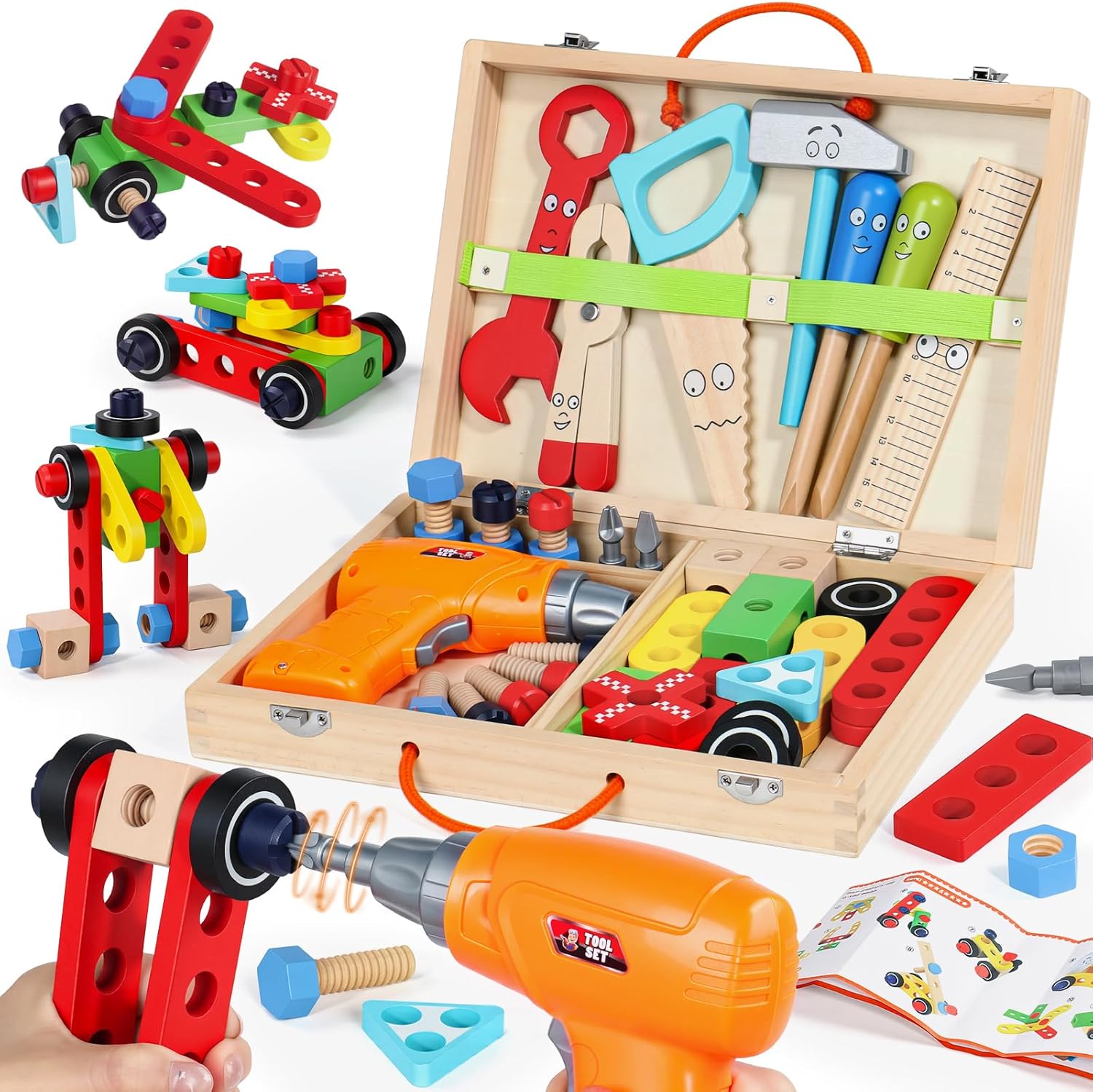 Werkzeugkoffer Kinder Werkzeug - Montessori Spielzeug ab 3 Jahre mit Bohrmaschine Kinder Spielzeug ab 3 Jahre Junge Mädchen Motorik Holzspielzeug Lernspiele Geschenk Junge 3 4 5 Jahre (44 STK)