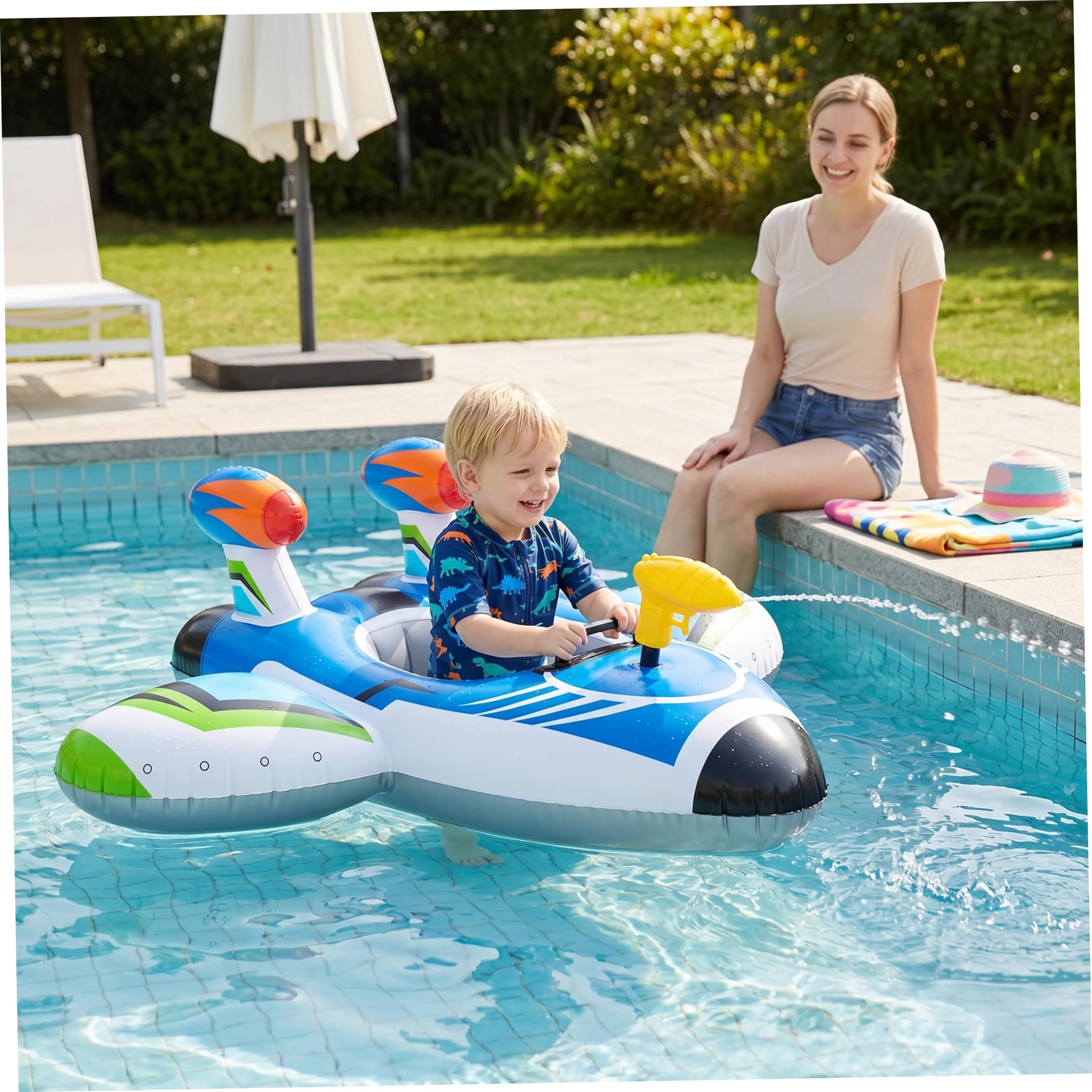 Flotador para niños pequeños, Flotador de Piscina para niños de PVC con Pistola de Agua, avión Inflable, flotadores para, Juguetes Divertidos y Seguros para Piscina, para Edades de 1 a 6 años