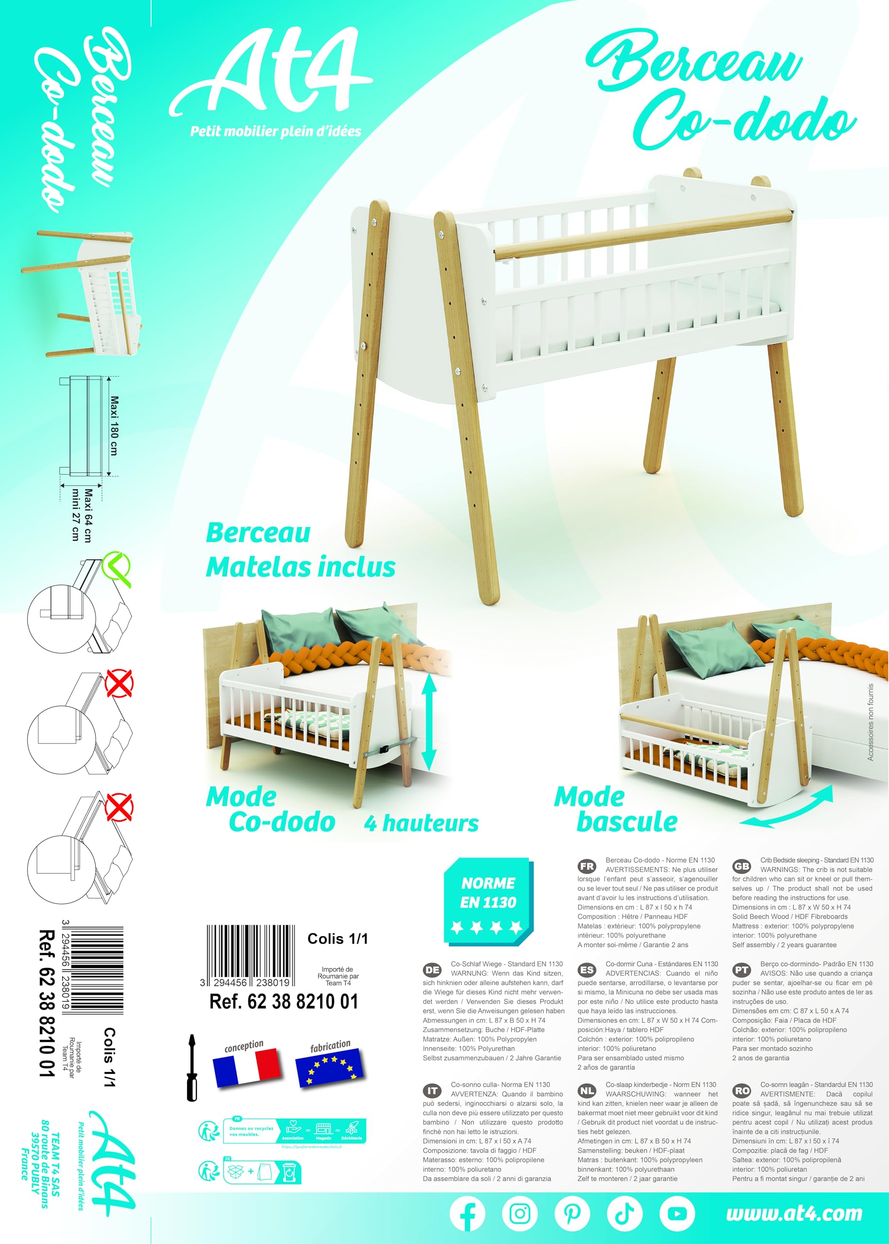 Cuna de colecho de madera de 40 x 80