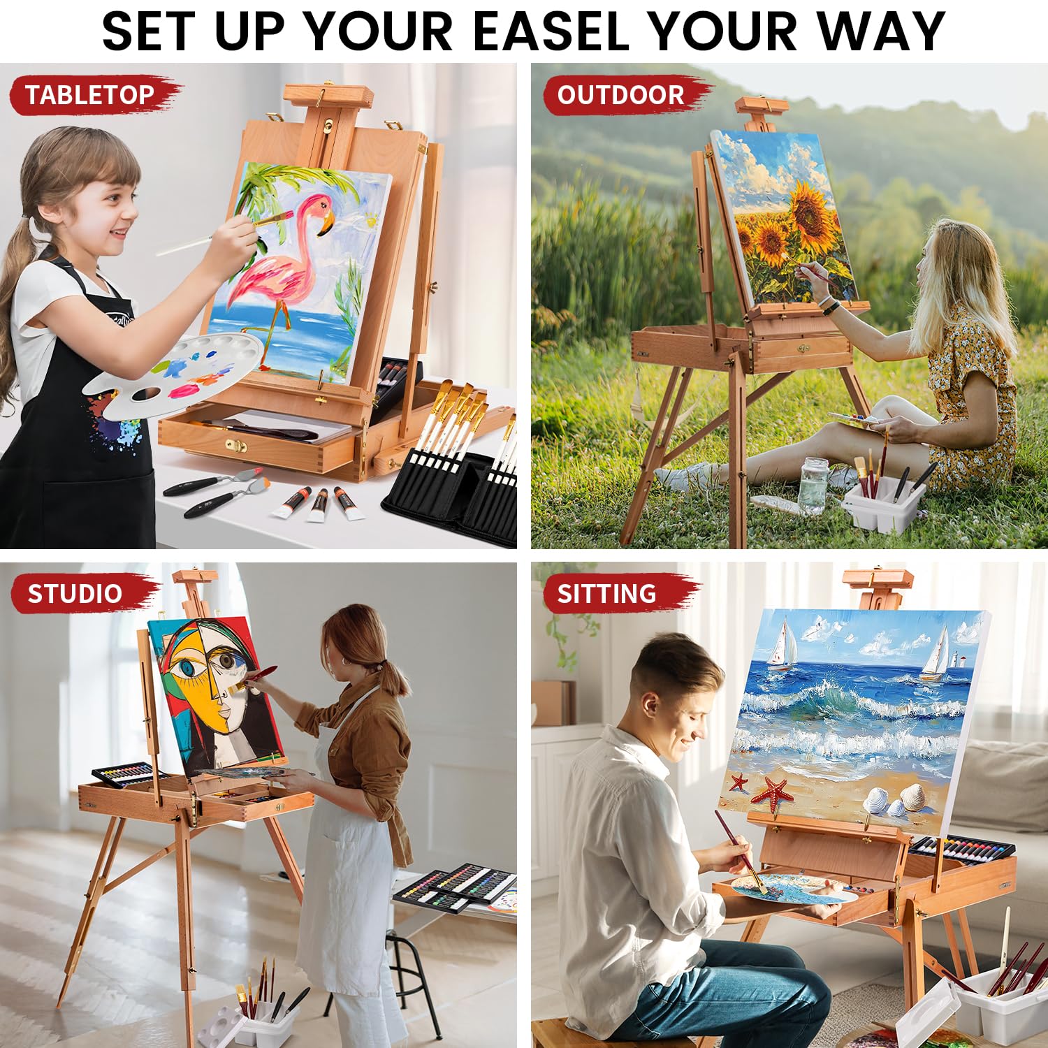 Kit de peinture tout-en-un de 188 pièces avec chevalet français, tablier d'art, 48 peintures acryliques, 24 peintures à l'huile, 24 peintures aquarelles, ensemble de peinture avec fournitures d'art