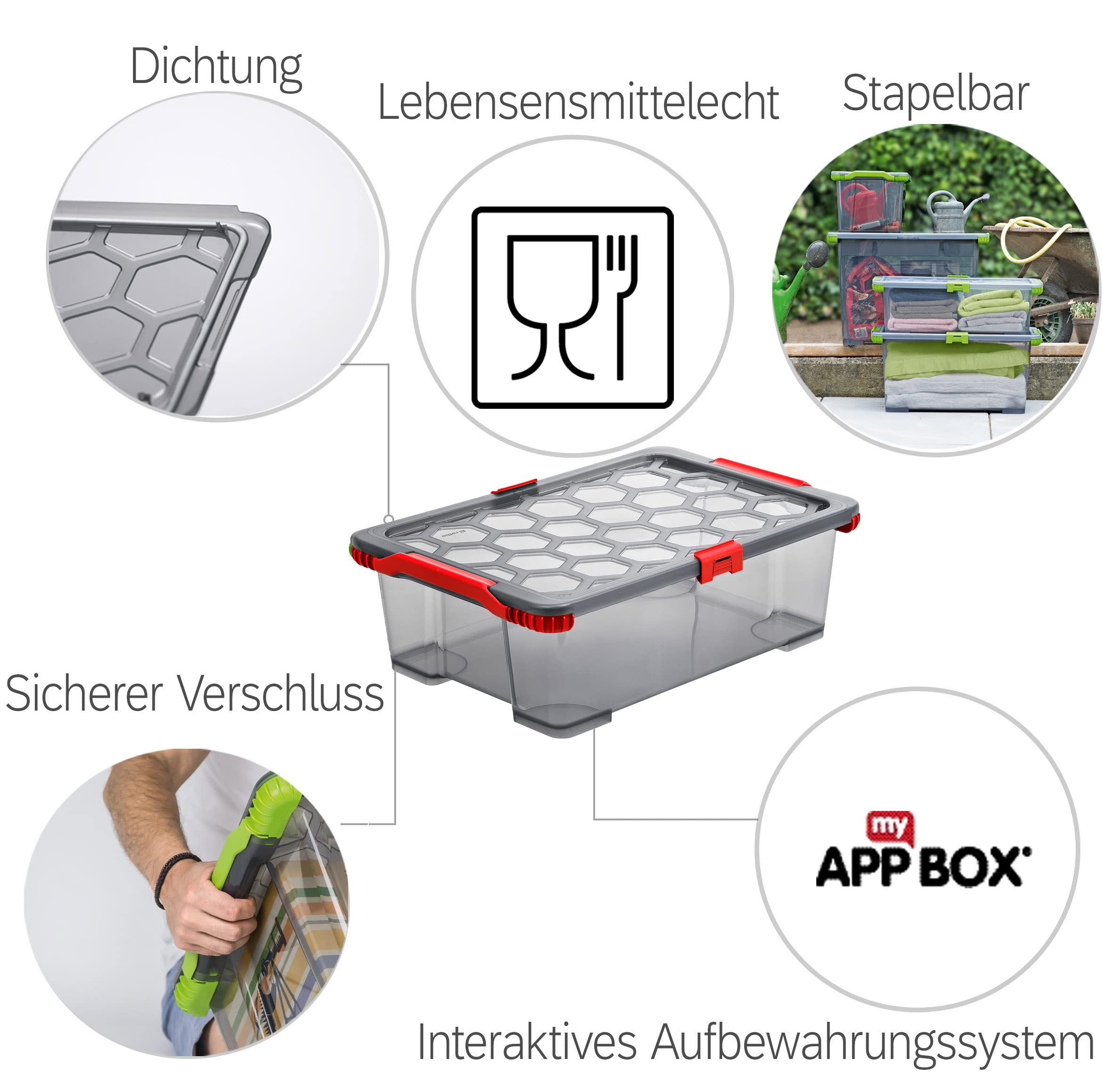 Rotho Evo Aufbewahrungsbox mit Deckel 30 L 3er-Set aus PP Anthrazit/Rot | Aufbewahrungsboxen im 3er-Set, je 30 L Volumen, Deckel in Rot, Boxen aus lebensmittelechtem PP, Anthrazit, für Lebensmittel