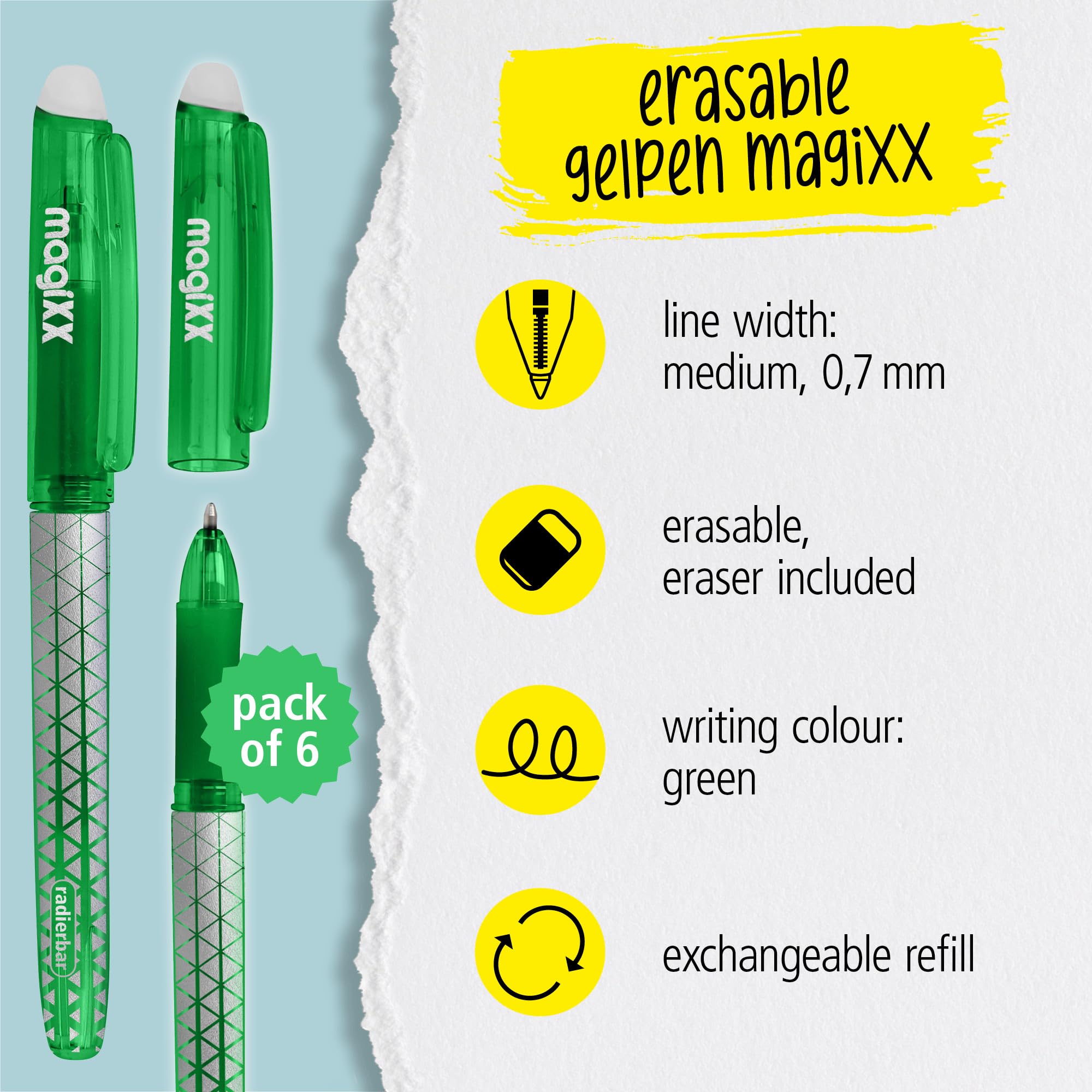 Online magiXX Classic, 6 x Erasable Rollerball Pens, Green, Gel Pens, 0.7 mm, Value Pack Erasable Ballpoint Pens - Image 2