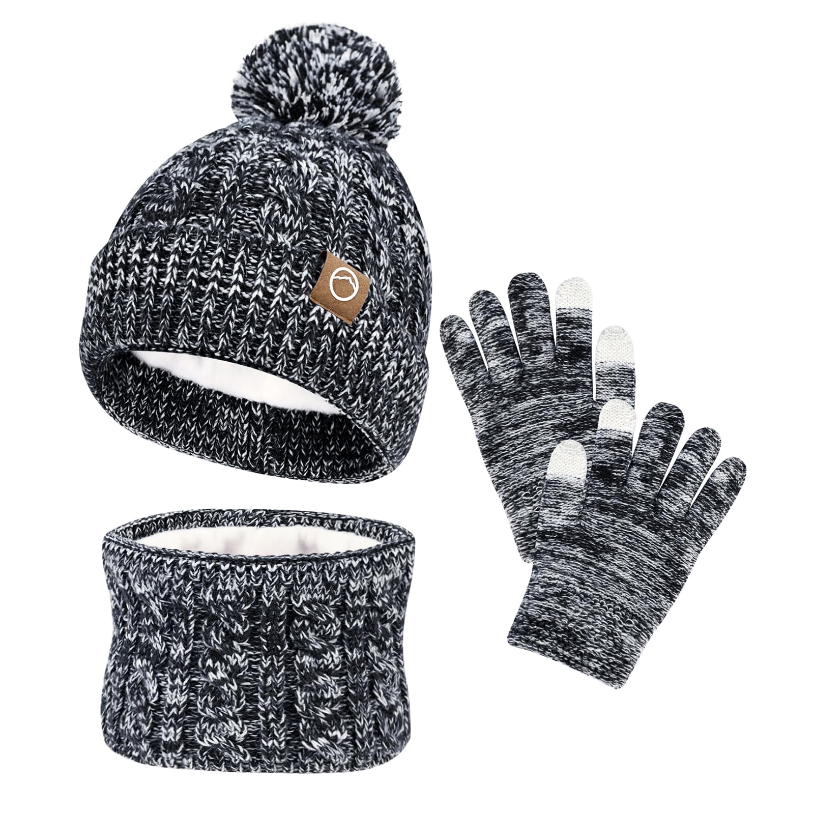 ZOORON Kids Winter Hat Gloves Scarf Set, Girls Boys Hats Beanie with Pom