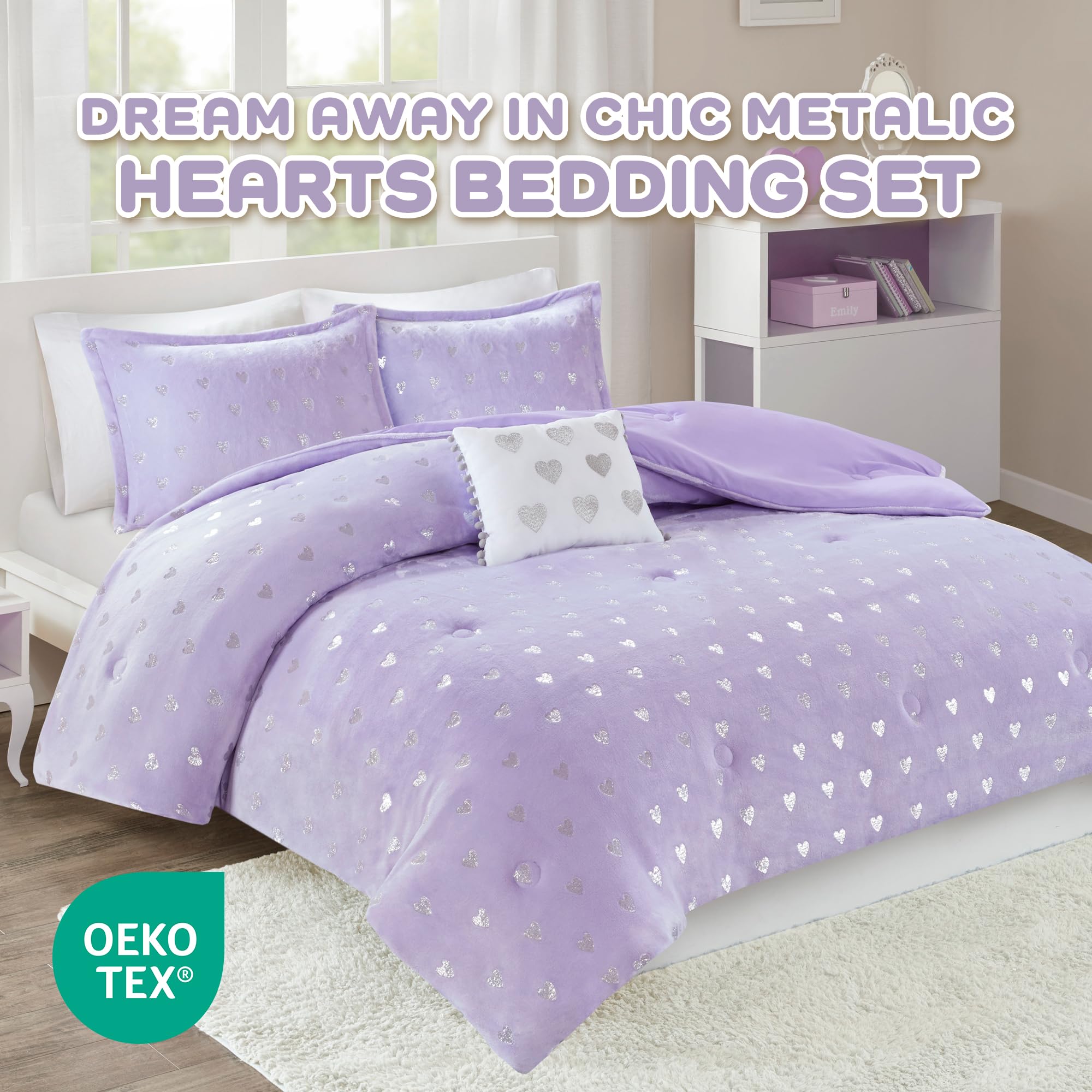 MI ZONE Comforter ultramiękki mikrolekki pluszowy metaliczny nadruk serca szczotkowane odwrócone przepełnione alternatywne hipoalergiczne całoroczne pościel, mikrofibra, fioletowy/srebrny, podwójny XL