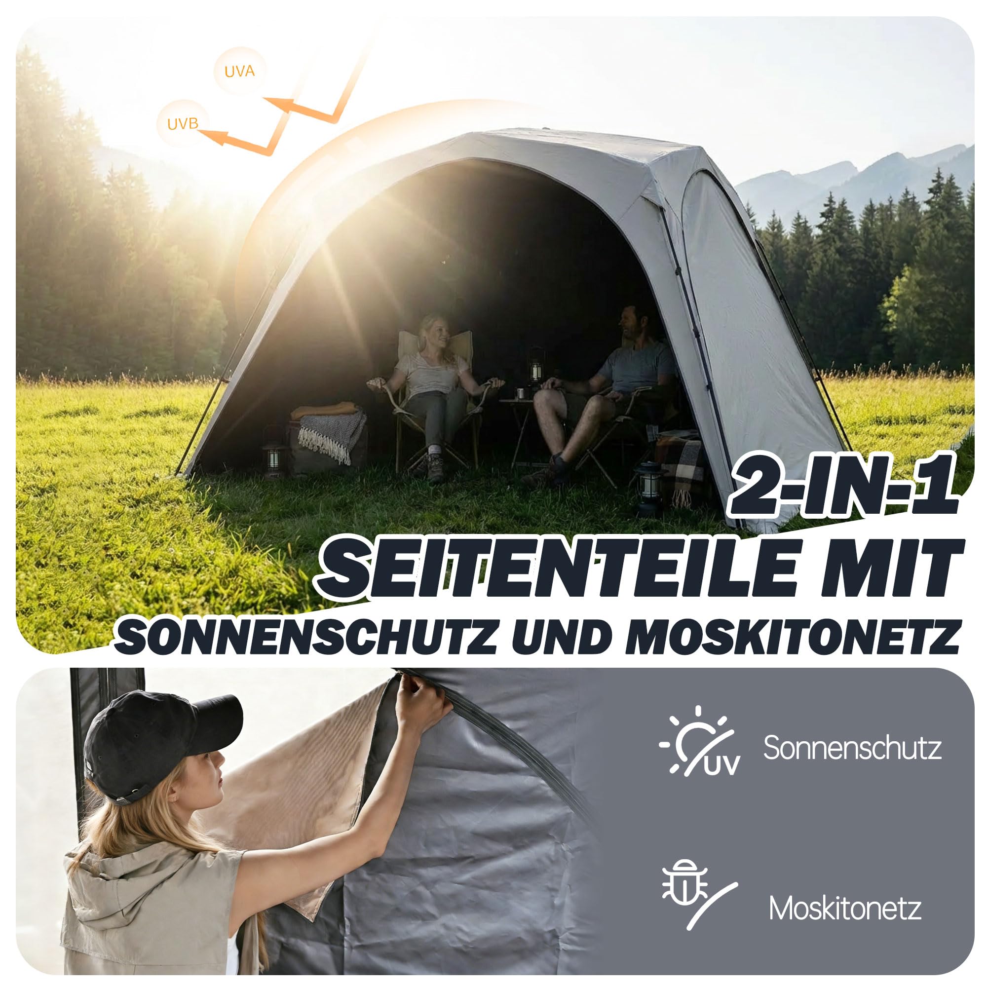 Camping Pavillon 3×3m Kuppelzelt mit 4 or 2×2-in-1 Seitenteilen Wasserdicht Sonnenschutz und Moskitonetz mit Titan-Blackout Beschichtung Camping & Strand & Gartenzelt Pop Up Zelt Aufbau