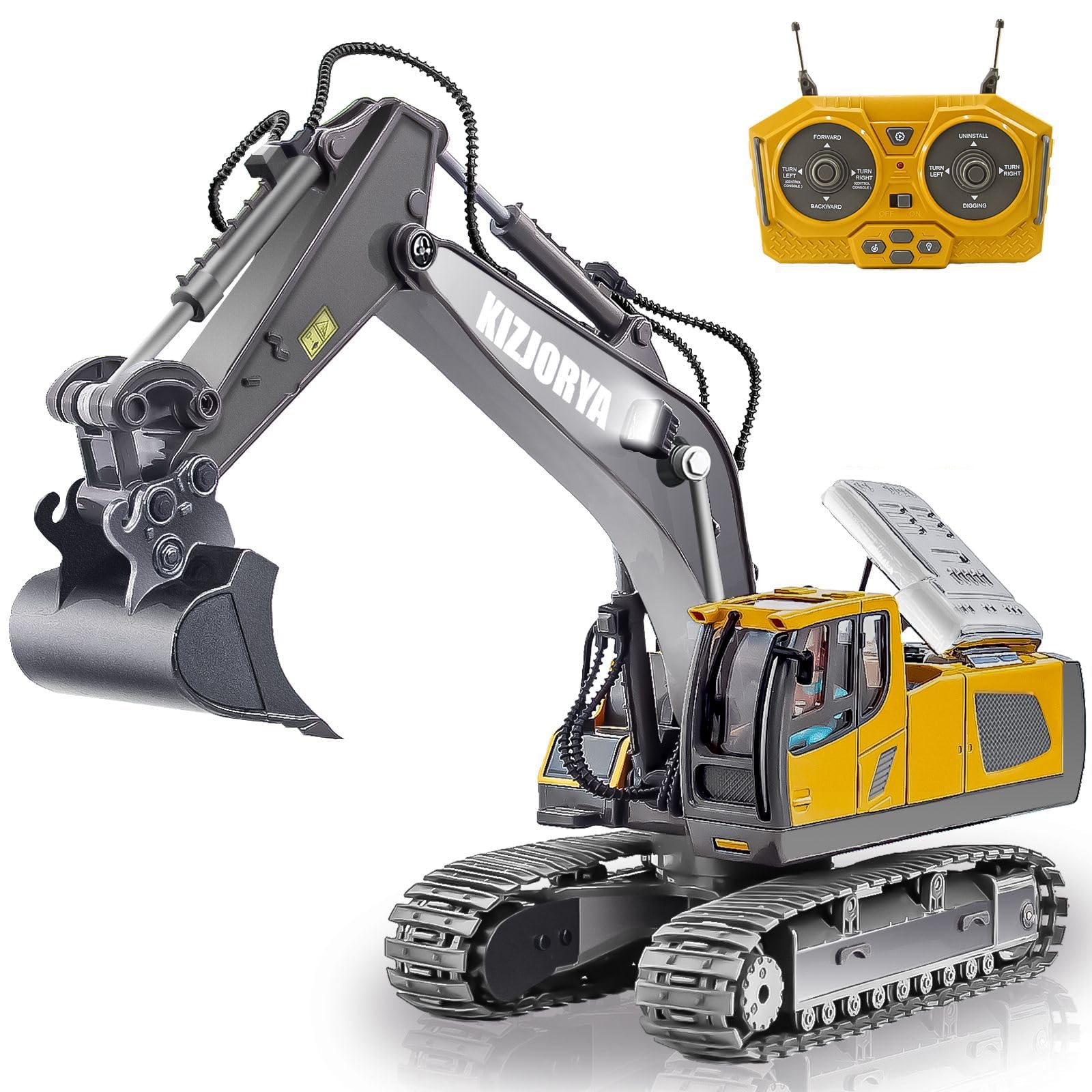 KIZJORYA Remote Control Excavator, Toys for Boys Age 6-12, Rechargeable 11 CH RC Construction Vehicles Truck with Sound Light Metal Shovel, Birthday for Kids 7 8 9 10+ Year Old(2.4 GHz)