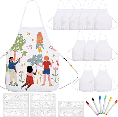 Pllieay 26 piezas de delantales para niños, delantales de pintura con bolígrafo de colores y plantillas para manualidades, delantales blancos para