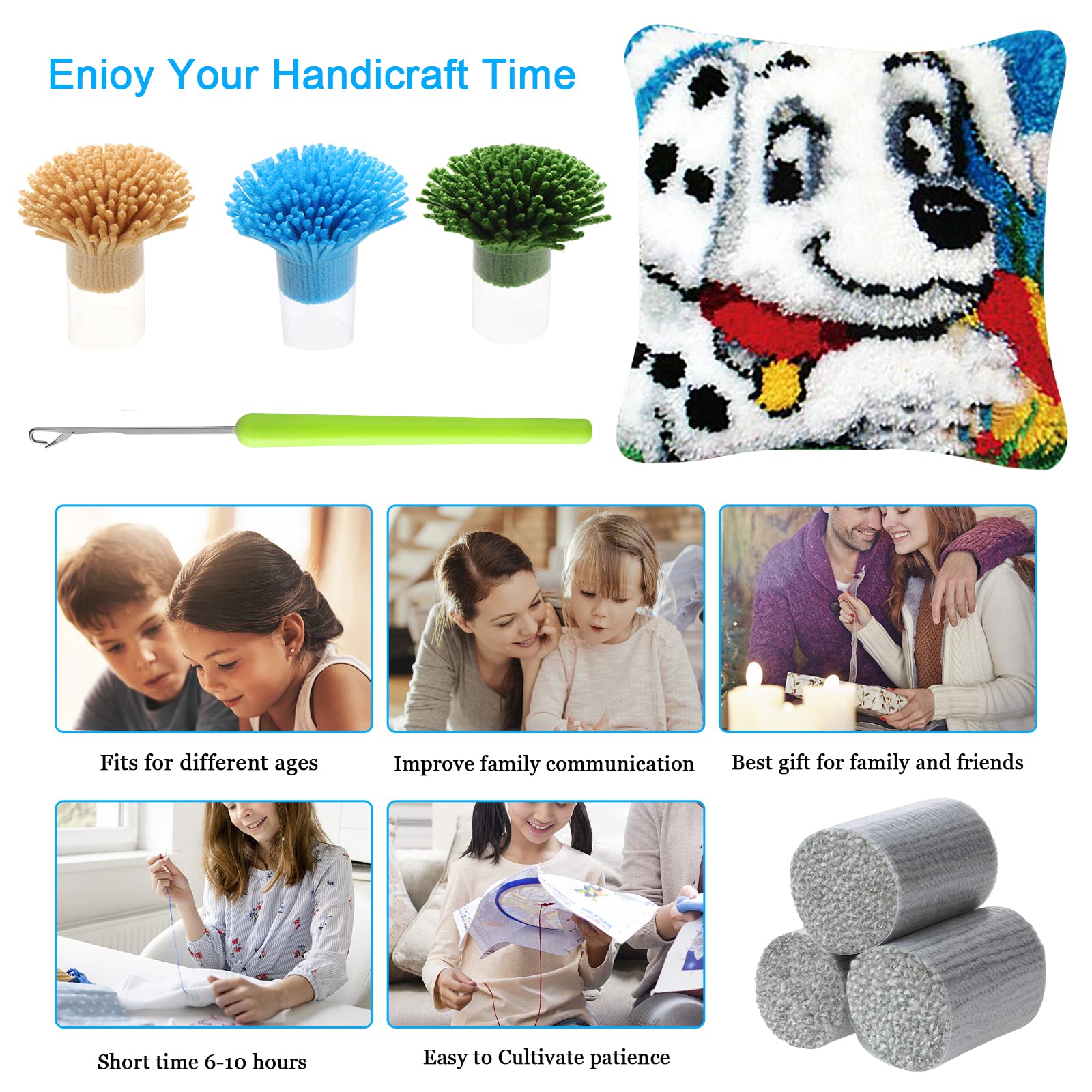 Kinsinder Kit de gancho de pestillo de bricolaje, materiales de almohada 3D, kit de bordado de gancho de punto de cruz, funda de cojín de sofá con herramienta de gancho de pestillo, apto para niños y