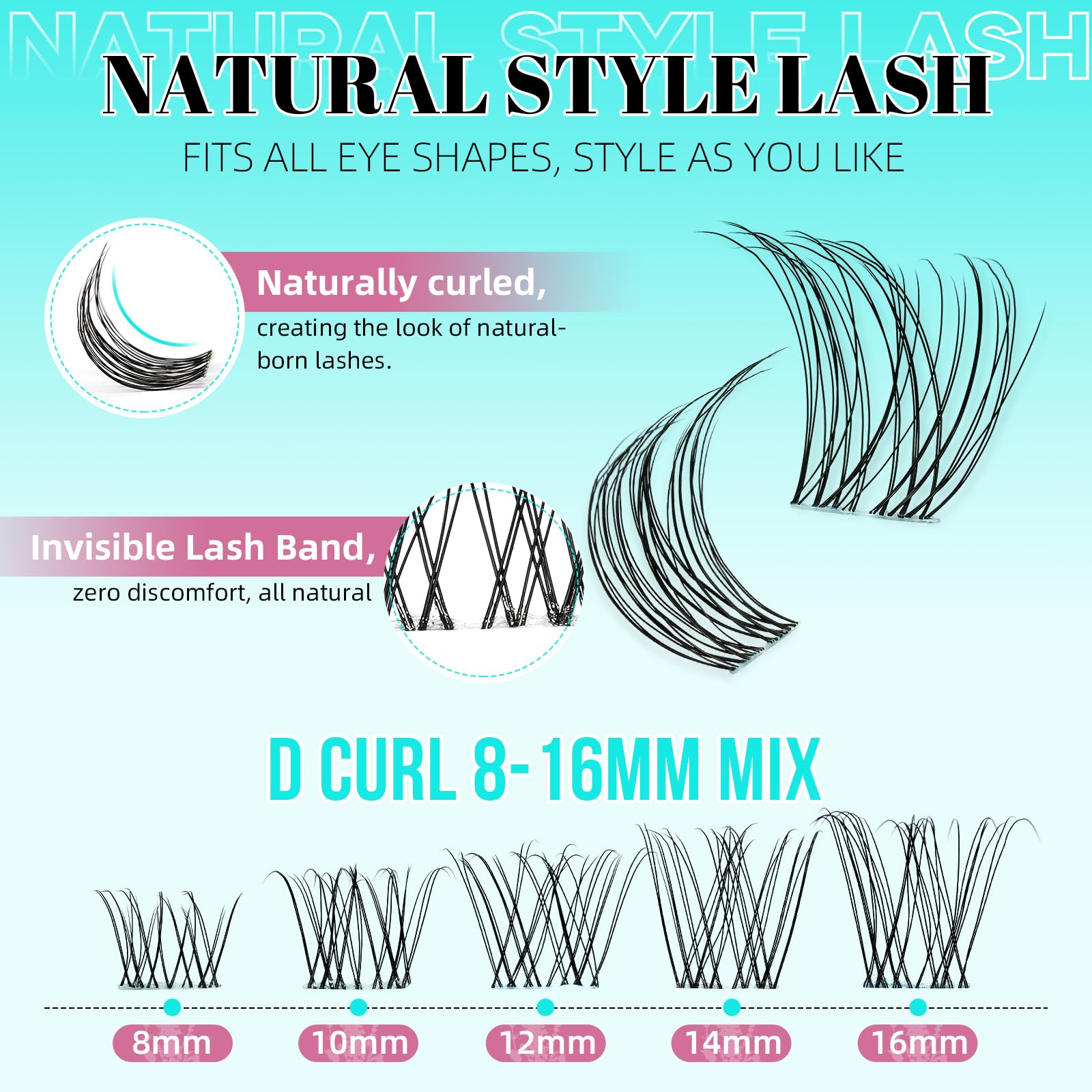 Kit Extension Ciglia 160PCS Kit Ciglia Finte Ciuffetti naturali con colla bianco delle ciglia, rimozione della colla per ciglia e applicatore, Ciglia Finte banda larga invisibile(Lavendy, D-Mix8-16mm)