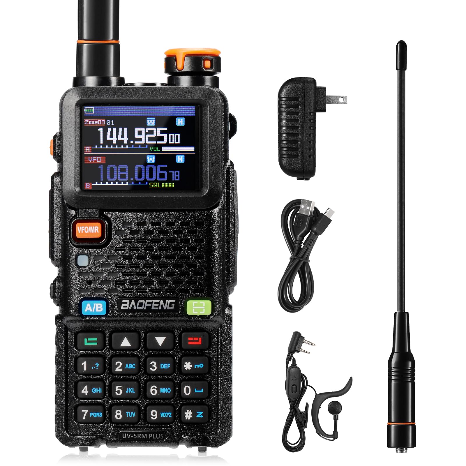 BAOFENG UV-5RM Plus GPS Talkie-walkie, Amateur Radio bidirectionnelle Longue portée 10 W, 1,77" écran Couleur, Batterie 2500 mAh, 640 canaux, 10 Zones, pour L'Aventure et Les Conversations de Groupe