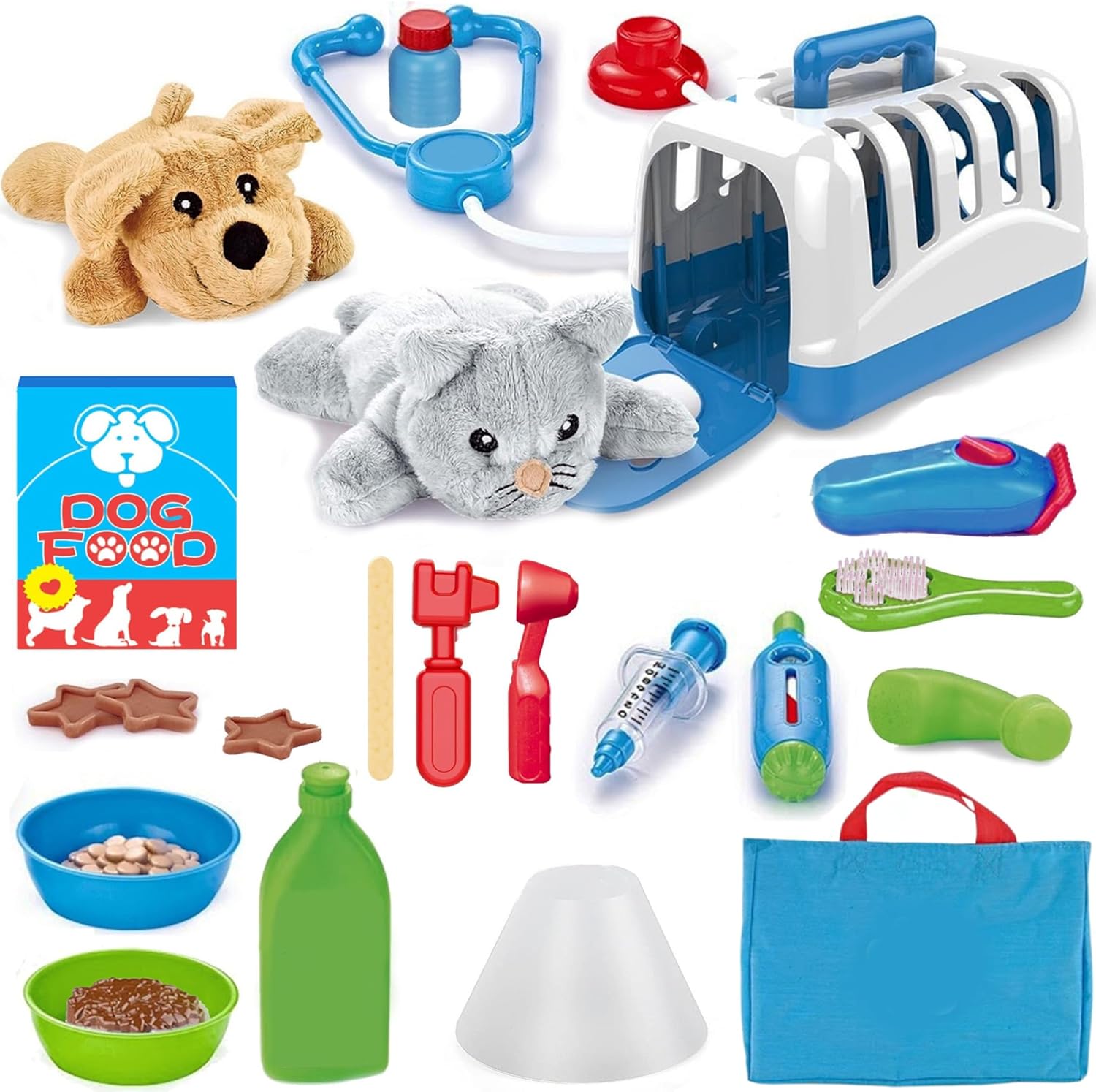 34-Piece Kids Pretend Vet Playset, Veterinarian Role Play Doctor Toy Kit with Plush Dog & Cat, Pet Care Grooming Set with Carrier & Medical Tools