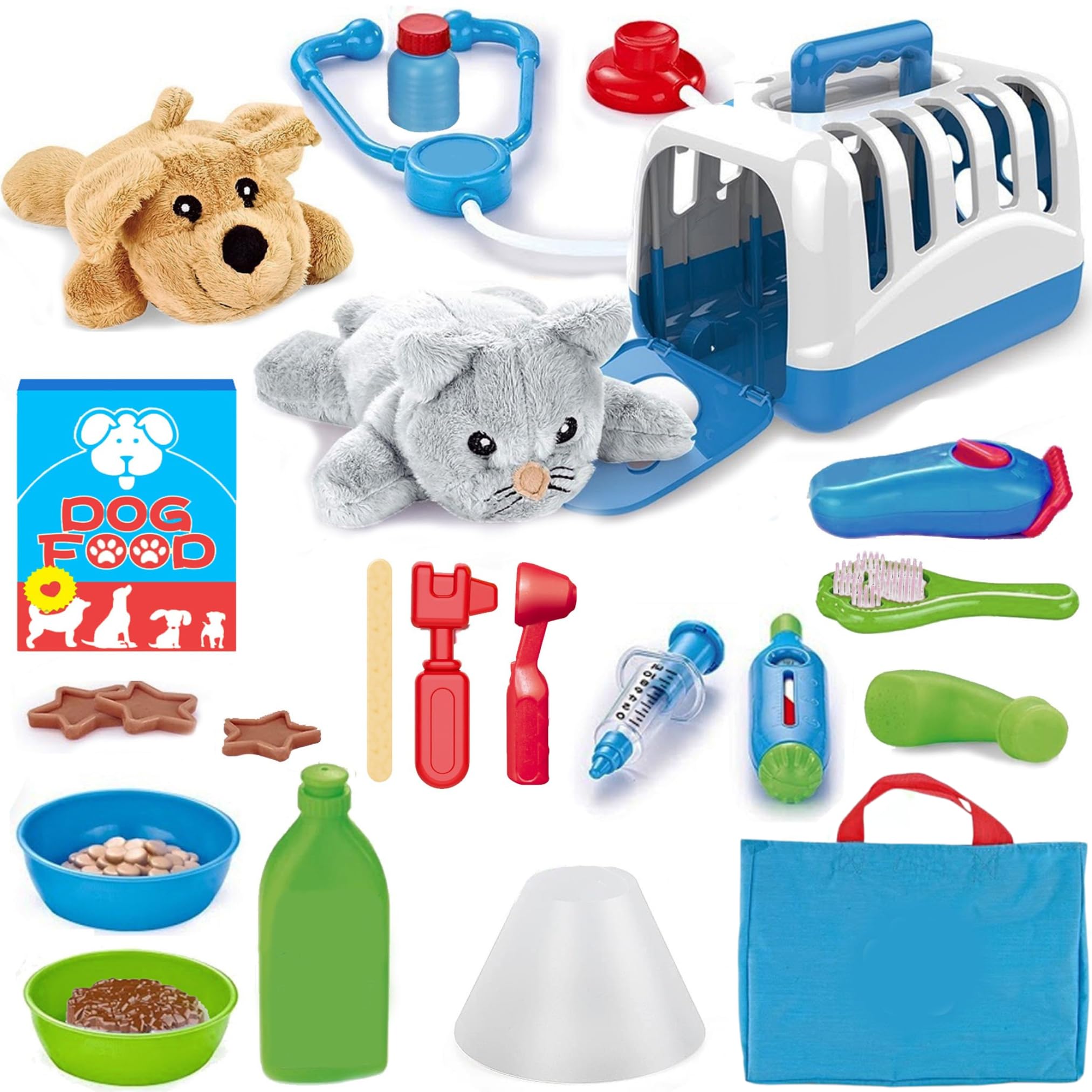 Deluxe Complete Vet Pet Care Play Set | Veterinarian Pretend Doctor Role Play Grooming Toy Kit with Plush Dog & Cat (34 Pcs)