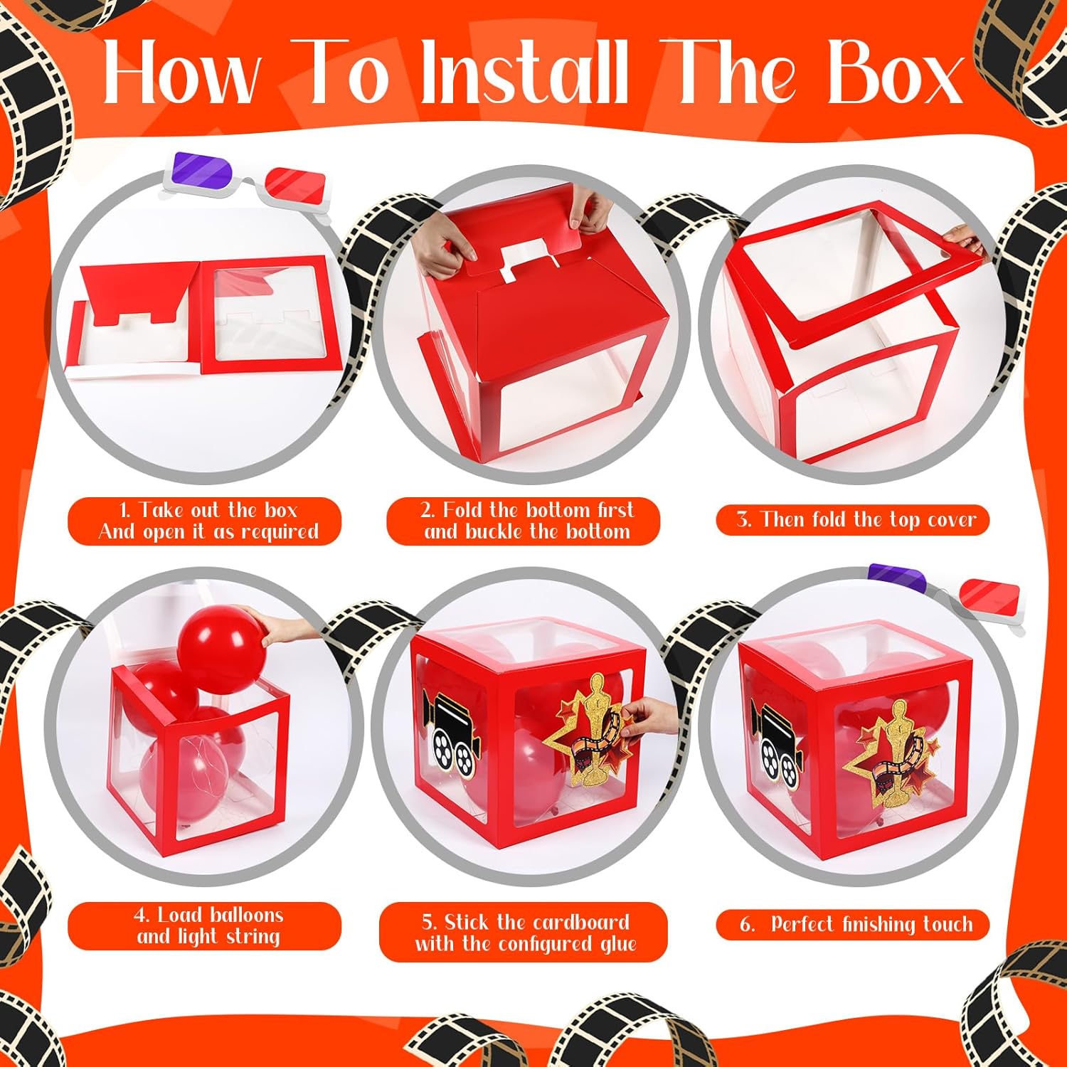Seenelling 42 Pcs Movie Night Party Decorations Include 4 Film Balloon Boxes 20 Red Black Balloons 4 LED Lights 12 Film Cutouts with 2 Adhesive Dots for Movie Night Party