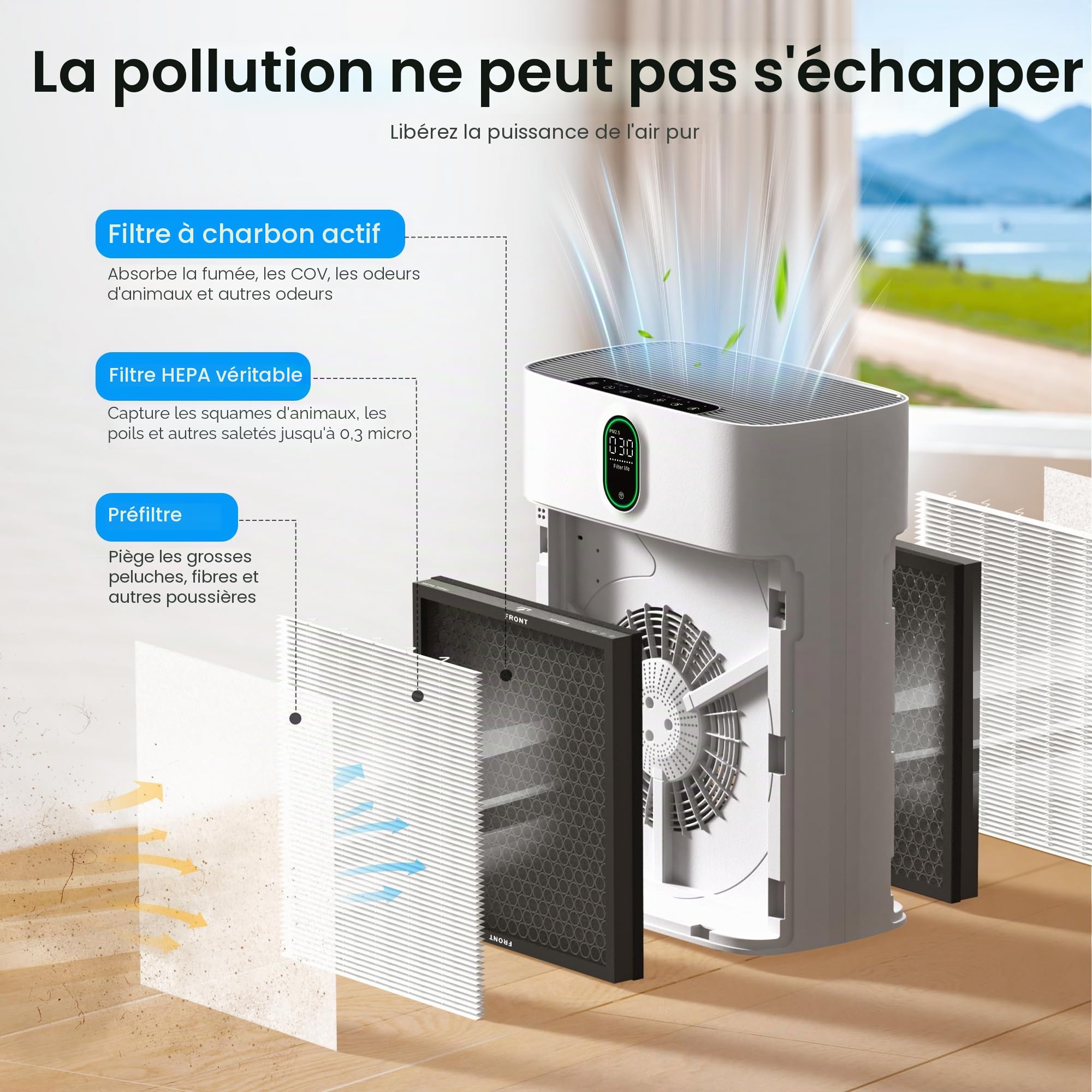 MERONTE Purificateur d'air pour pièces fumées Hypoallergénique, Filtre HEPA Anti-pollen Poussière, CADR 300m³/h pour 100m², 24dB Silencieux, Minuterie, 1 Pack + 3 Modi