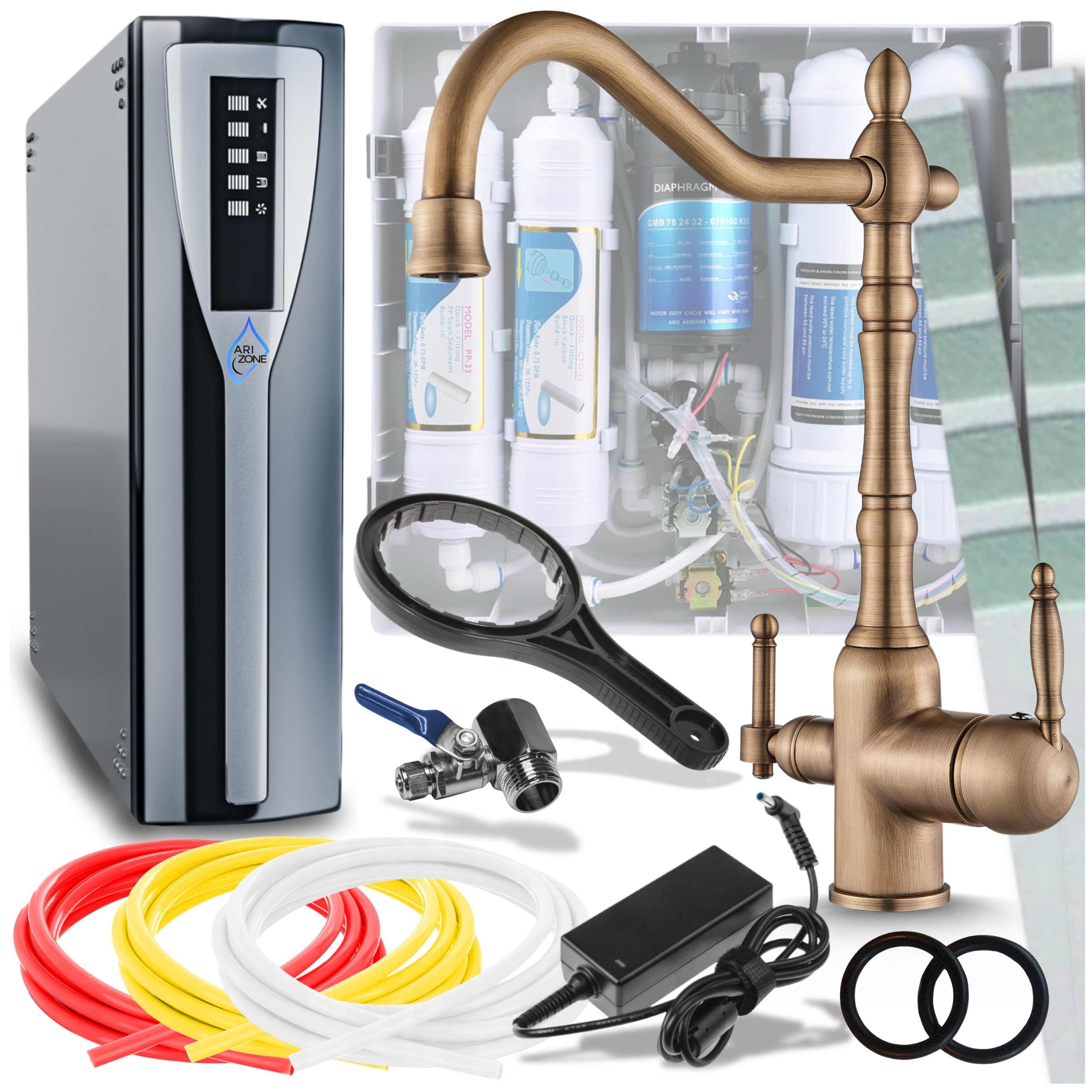 Ari Rubinetto da cucina a 3 vie, per acqua potabile, classico, retrò, con filtro dell'acqua, sistema di filtrazione a osmosi inversa, Nano Pad (ottone)
