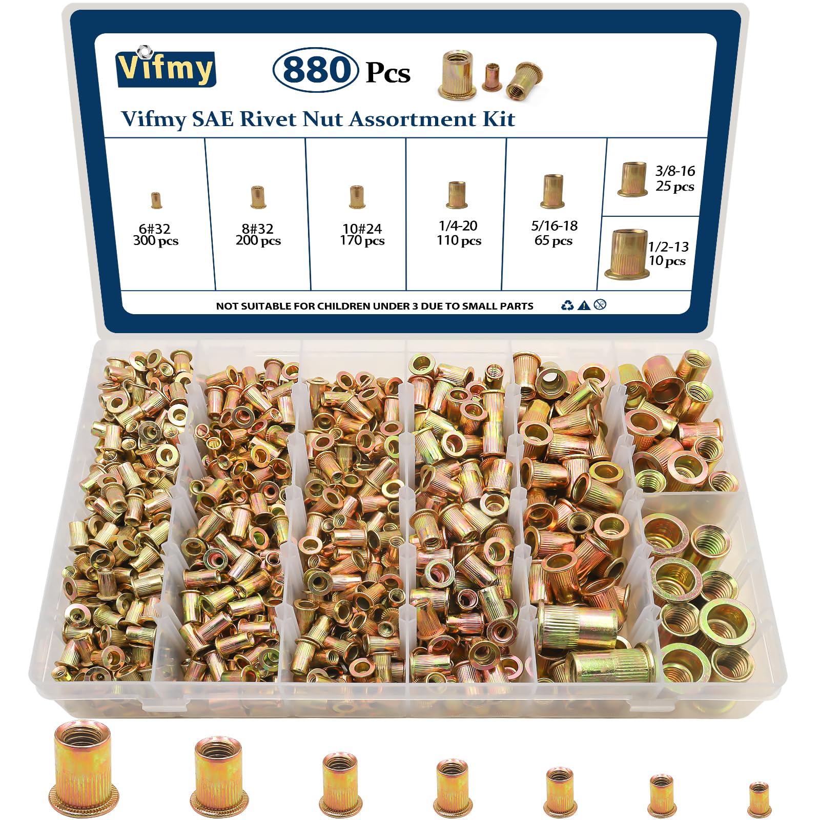 Vifmy SAE Rivet Nut Assortment Kit(880 Pcs), #6-32#8-32#10-24 1/4"-20 5/16"-18 3/8"-16 1/2"-13 UNC Flat Head Rivnut Set, Zinc Plated Finish Carbon