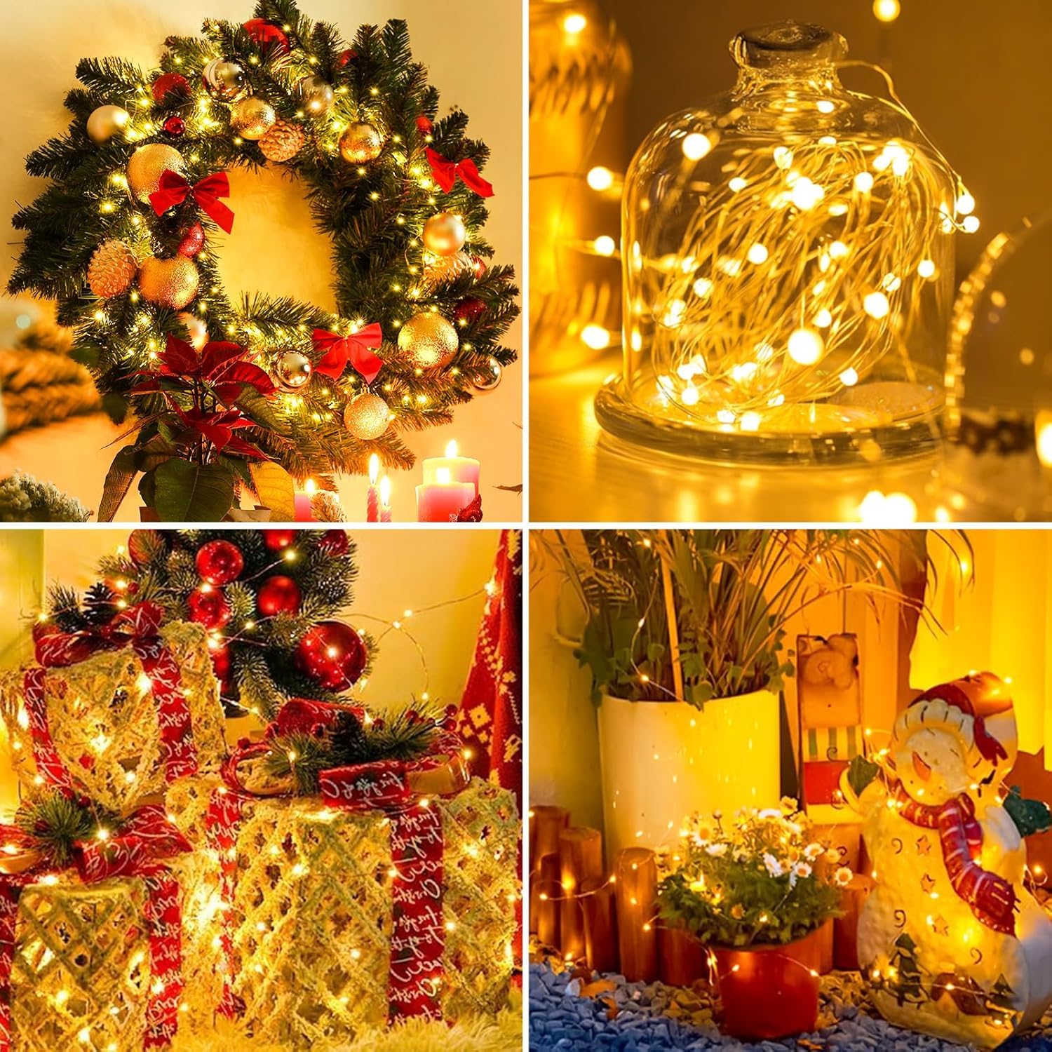 Lot de 8 guirlandes lumineuses LED à piles 6 m avec 60 LED argentées scintillantes pour chambre à coucher, Noël, fête de mariage, décoration intérieure et extérieure, blanc chaud