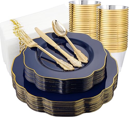 Miniatura 1 de NOCCUR 175 platos de plástico azul, platos desechables azules resistentes con borde dorado, incluyen 25 platos llanos, 25 platos de postreensalada,