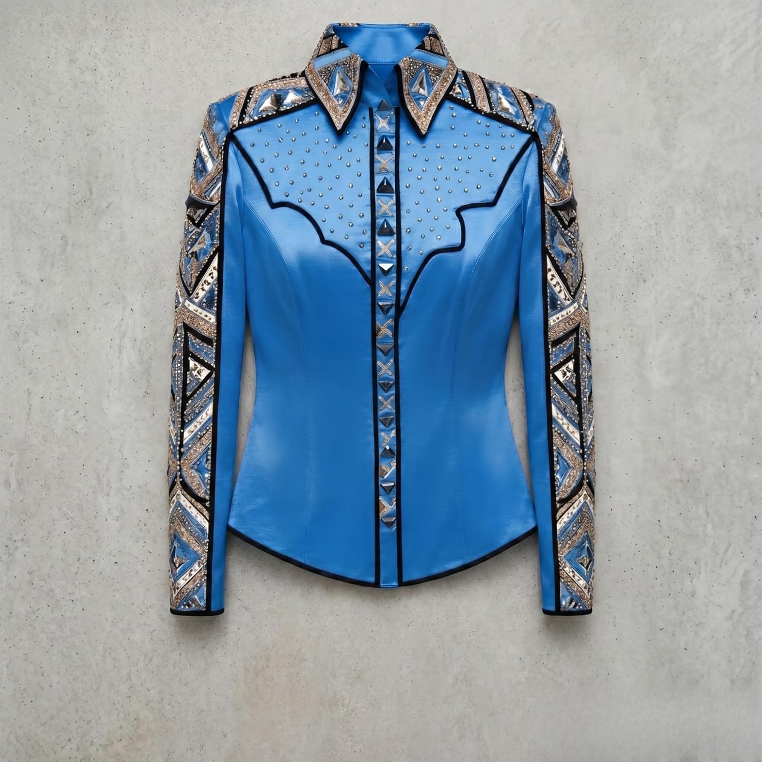 Women’s Western Show Jacket Blue – Equestrian Riding Coat with Stud Detail & Geometric Trim