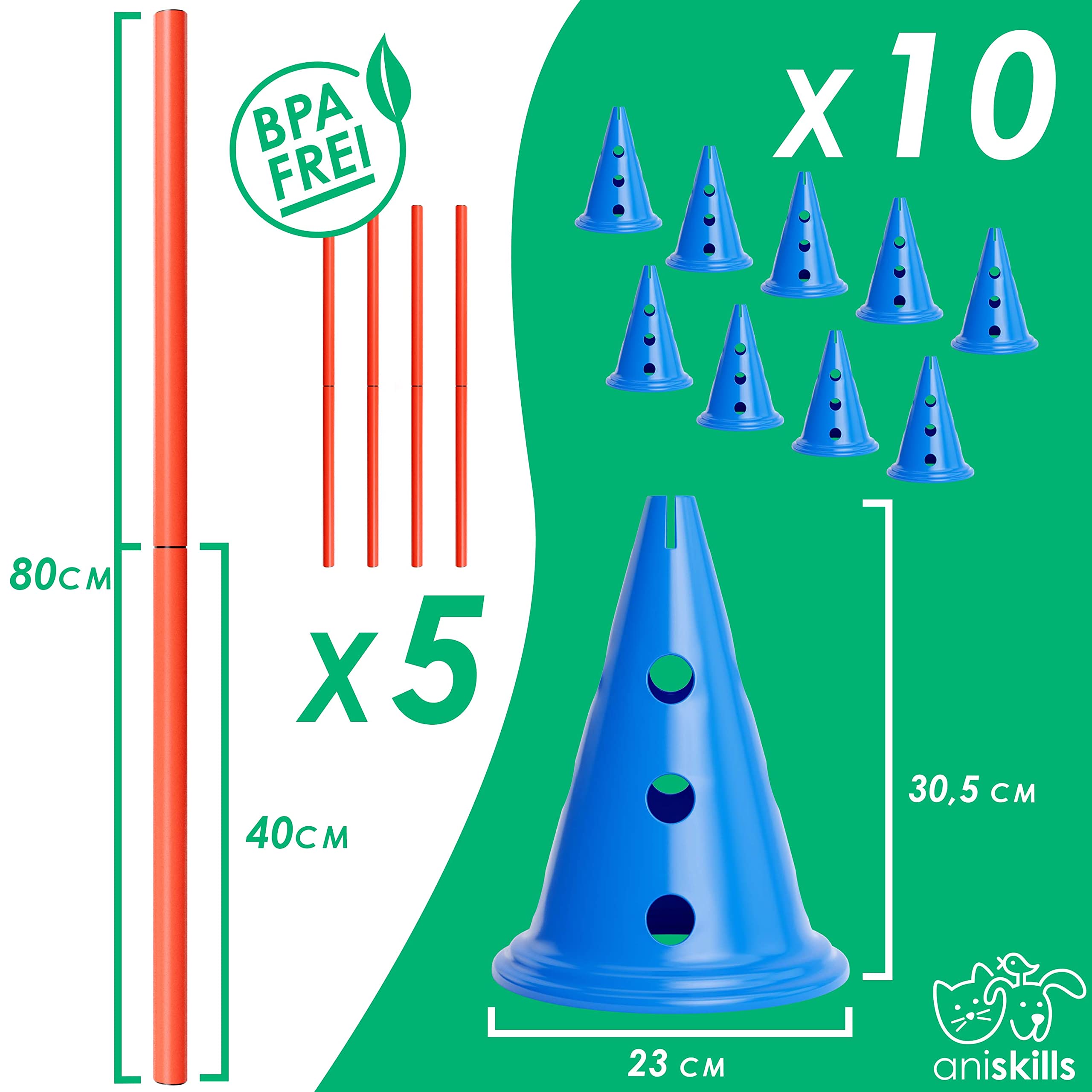 Premium Agility Set - 10 Blaue Kegel 30,5cm hoch, 5 orangene Stangen 80cm lang - Flexibles Koordinationstraining - Hunde Parcour und Hürden Set - Agility Set - deutsches Unternehmen