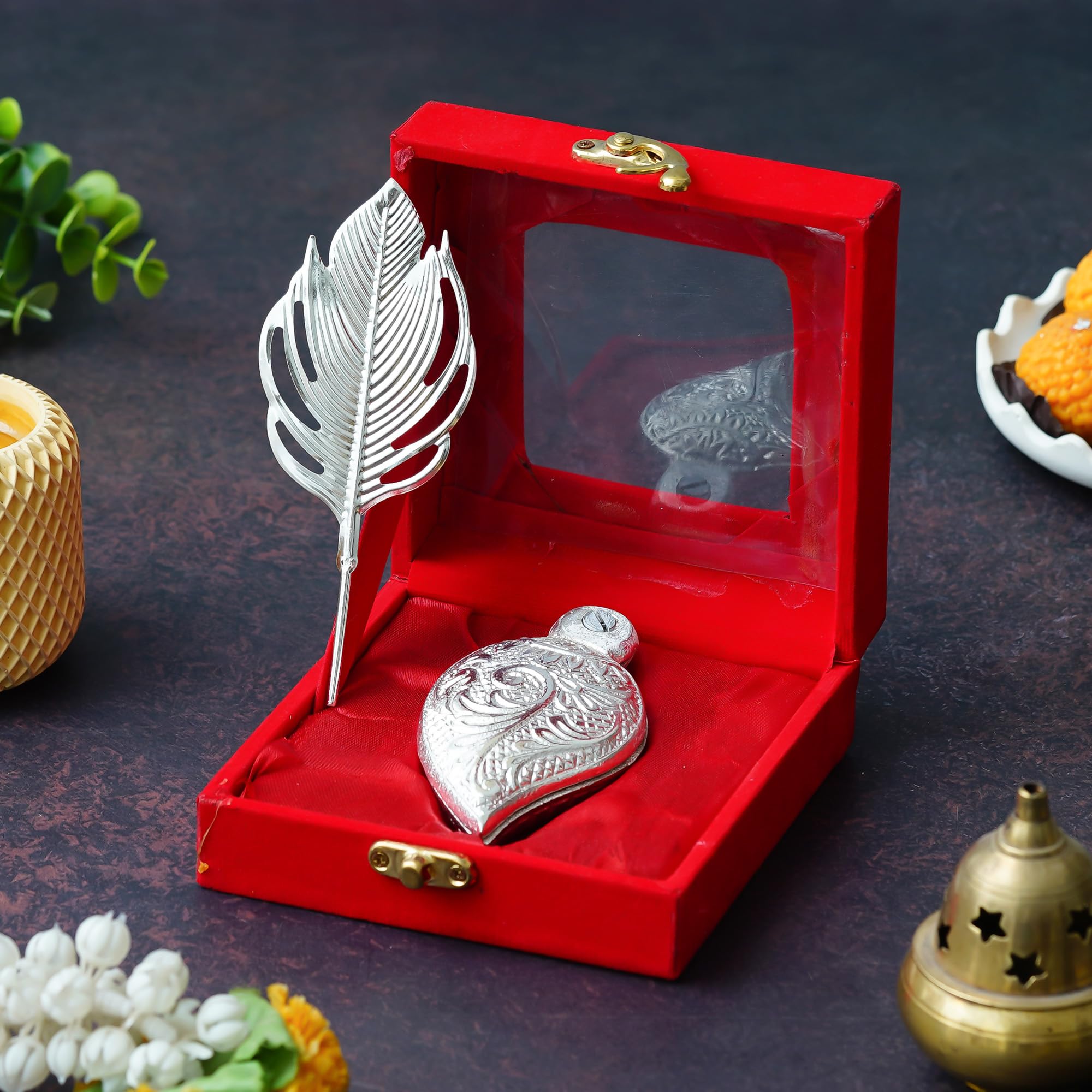 Webelkart Premium Silver Kumkum Box With Leaf And Red Velvet,Roli|Chawal|Chandan|Haldi|Kumkum Puja Box|Sindoor Box- Diwali Return Gift,Roli Chawal Box (5" Inches)