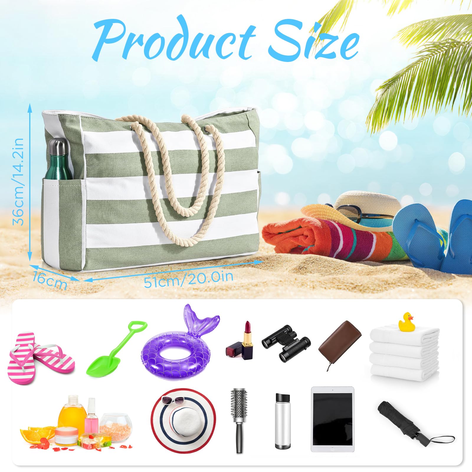 Duża torba plażowa damska składana xxl, plaża, torba na ramię, rodzinne wakacje, piknik i kemping 51 x 16 x 36 cm, zielona