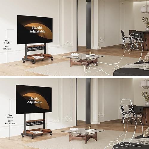 Miniatura 10 de FITUEYES Soporte de TV rodante, soporte de TV portátil con ruedas para TV de 40 a 85 pulgadas, carrito de TV móvil con estante de madera para sala