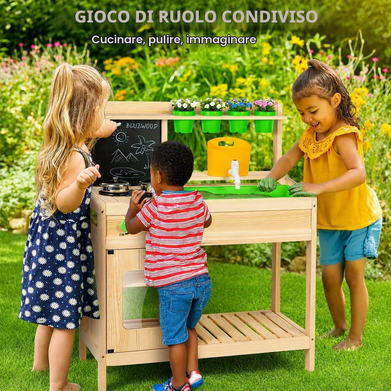 Cucina Giocattolo Montessori in Legno per Bambini | Cucina da Esterno BlueWood | Rubinetto Funzionante, Lavello Grande, Ripiani e Accessori | Gioco Educativo Sensoriale
