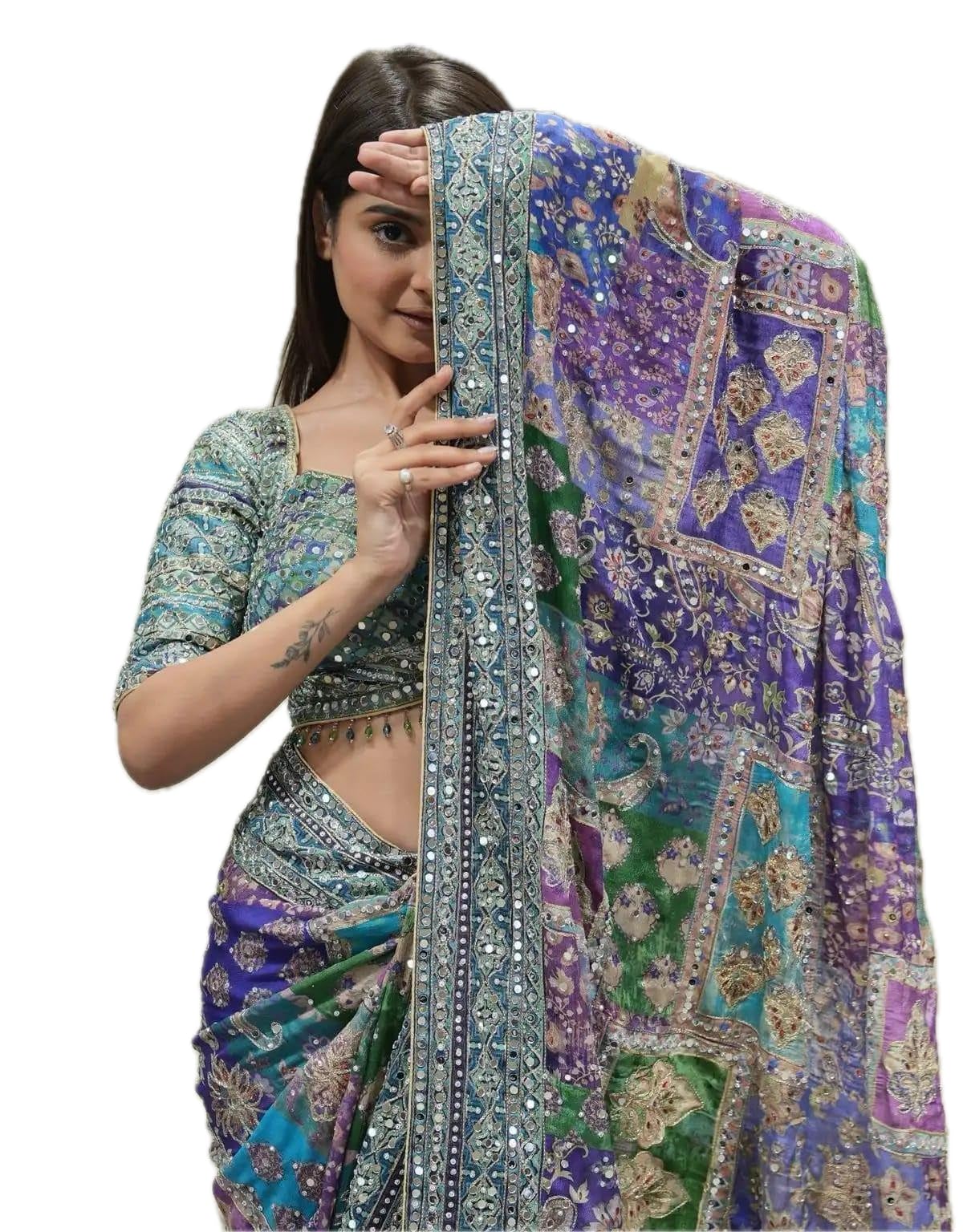 Women's Blue Green Pink Multicolored Ajrak Digital Prined Real Mirror And Latkan Worked Saree With Blouse-picture-35