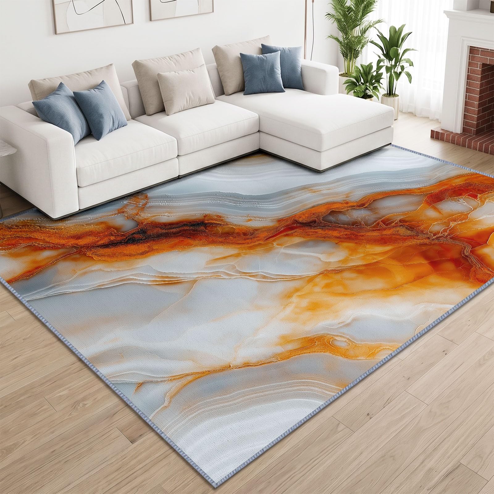 Tapis de Salon Art Luxe 140 x 200 cm, Marbre Ambre Tapis Poils Courts Lavable Moderne, Décoratif Antidérapant et Doux pour Salon Chambre et Bureau