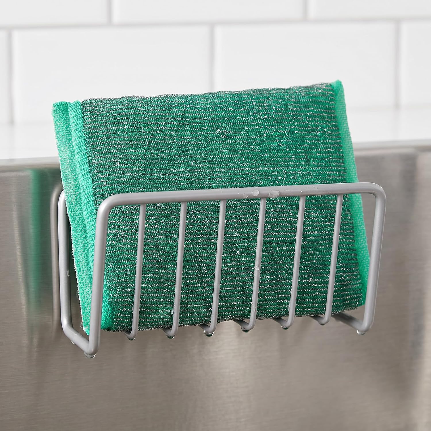 Sponge Holder for Kitchen Sink, Sink Caddy Organizer with Suction Cups Stainless Steel No Drilling Wall Mounted Suction Cup Sponge Rack with Strong Suctions Cup for Sponges, Scrubber & Brush –Silver