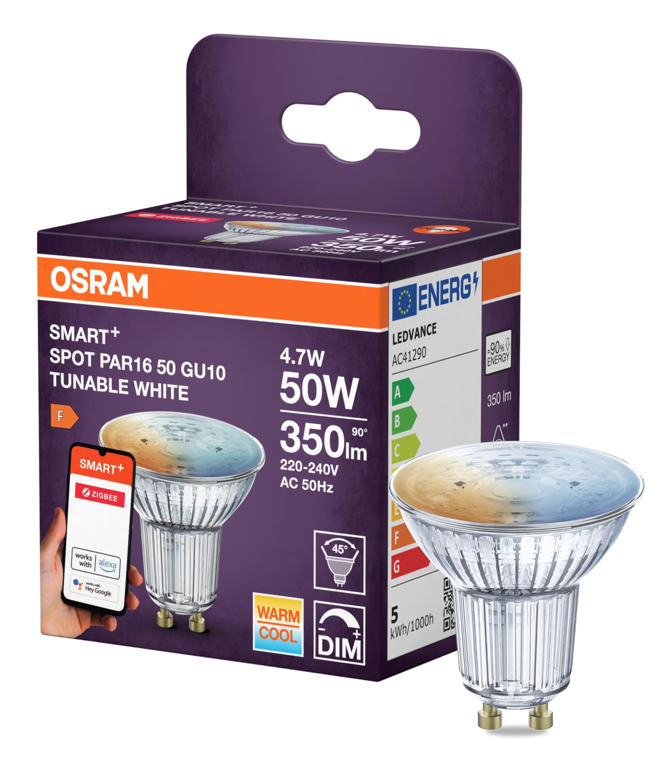 Osram SMART LED Spot PAR16 Reflektor GU10, 4.7W ZigBee 3.0, Tunable White 2700-6500K, dimmbar, App Steuerung, Alexa