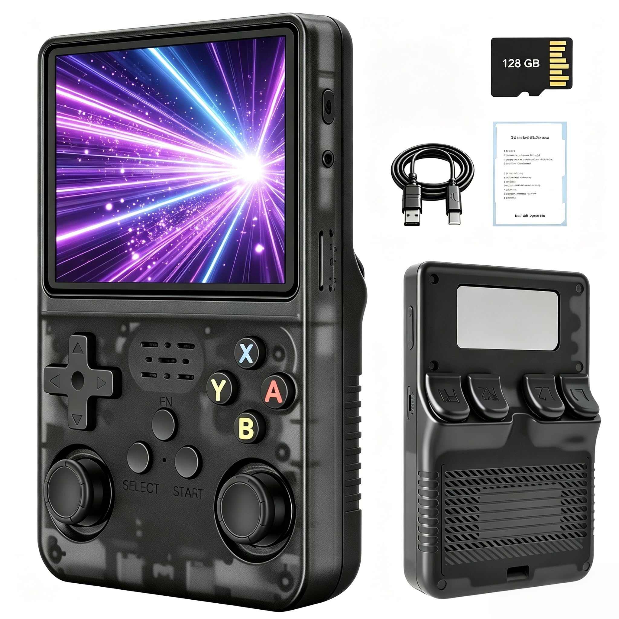 R36 Handheld Game Console, Retro Game Console with 128GB TF Card, 25000+ Classic Games, 3.5" IPS HD Screen, 3500mAh, Rechargeable Portable Retro Handheld Games Console （Transparent Black）