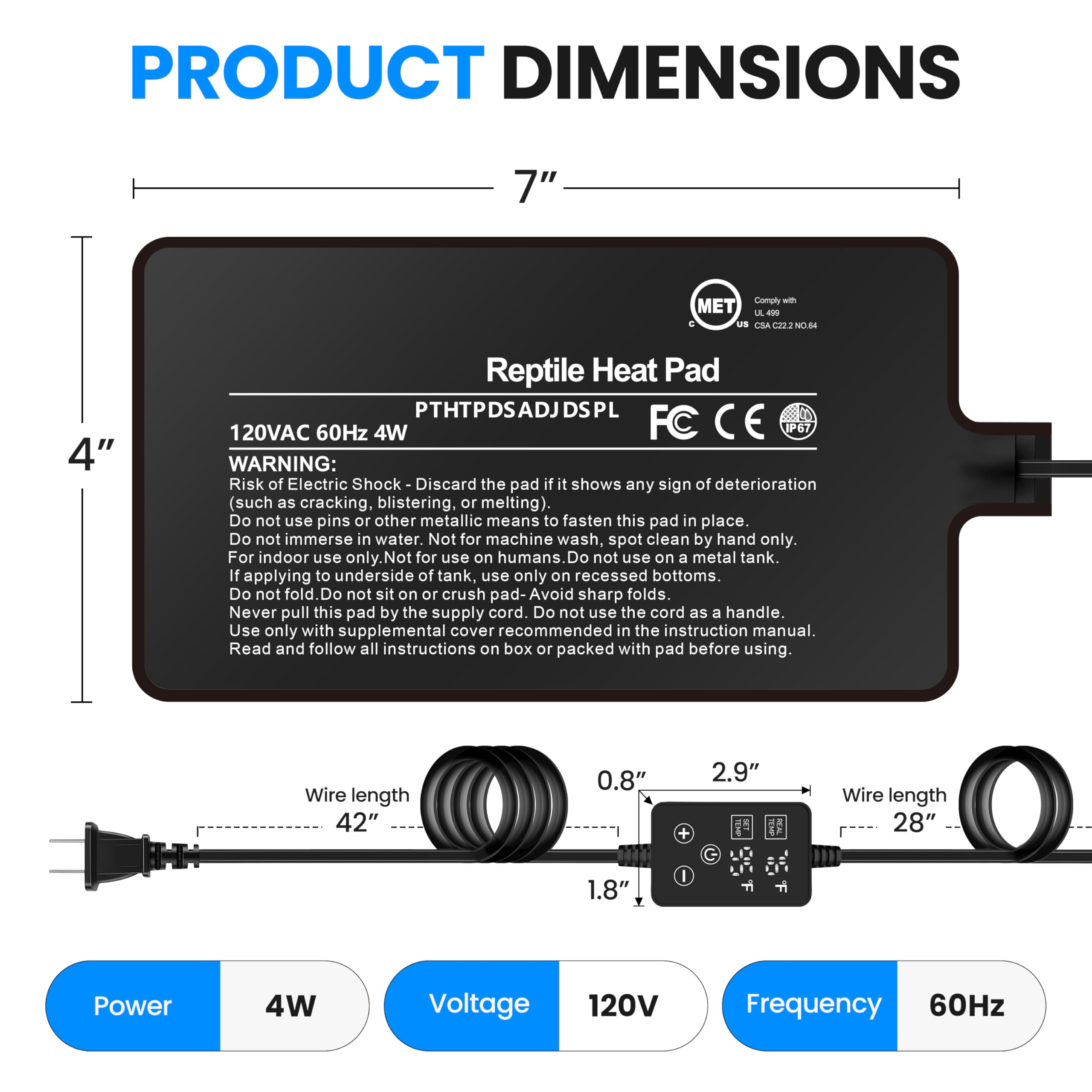 Simple Deluxe 4X7 Inch 4W Reptile Heating Pad with Adjustable Thermostat Under Tank Terrarium Heating Mat for Turtles, Lizards, Frogs, and Other Reptiles