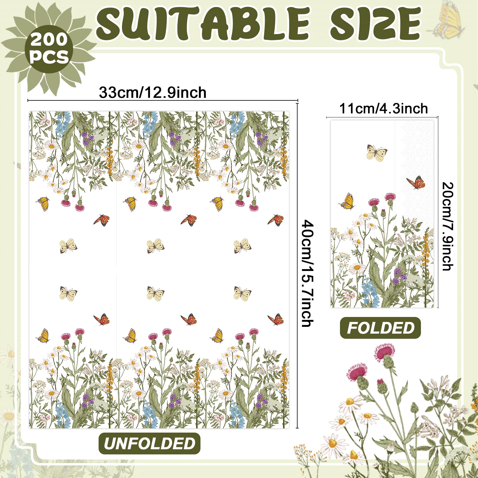 gisgfim 200Pcs Floral Paper Napkins Spring Wildflower Guest Napkins Retro Floral Disposable Hand Napkins for Bathroom Kitchen Dinner Party Bridal Baby Shower Decorative Towel Table Decor