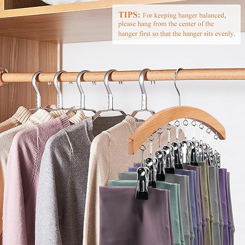 Miniatura 7 de Paquete de 2 organizadores de leggings para armario, perchas de madera para pantalones que ahorran espacio con clips, organizador colgante de