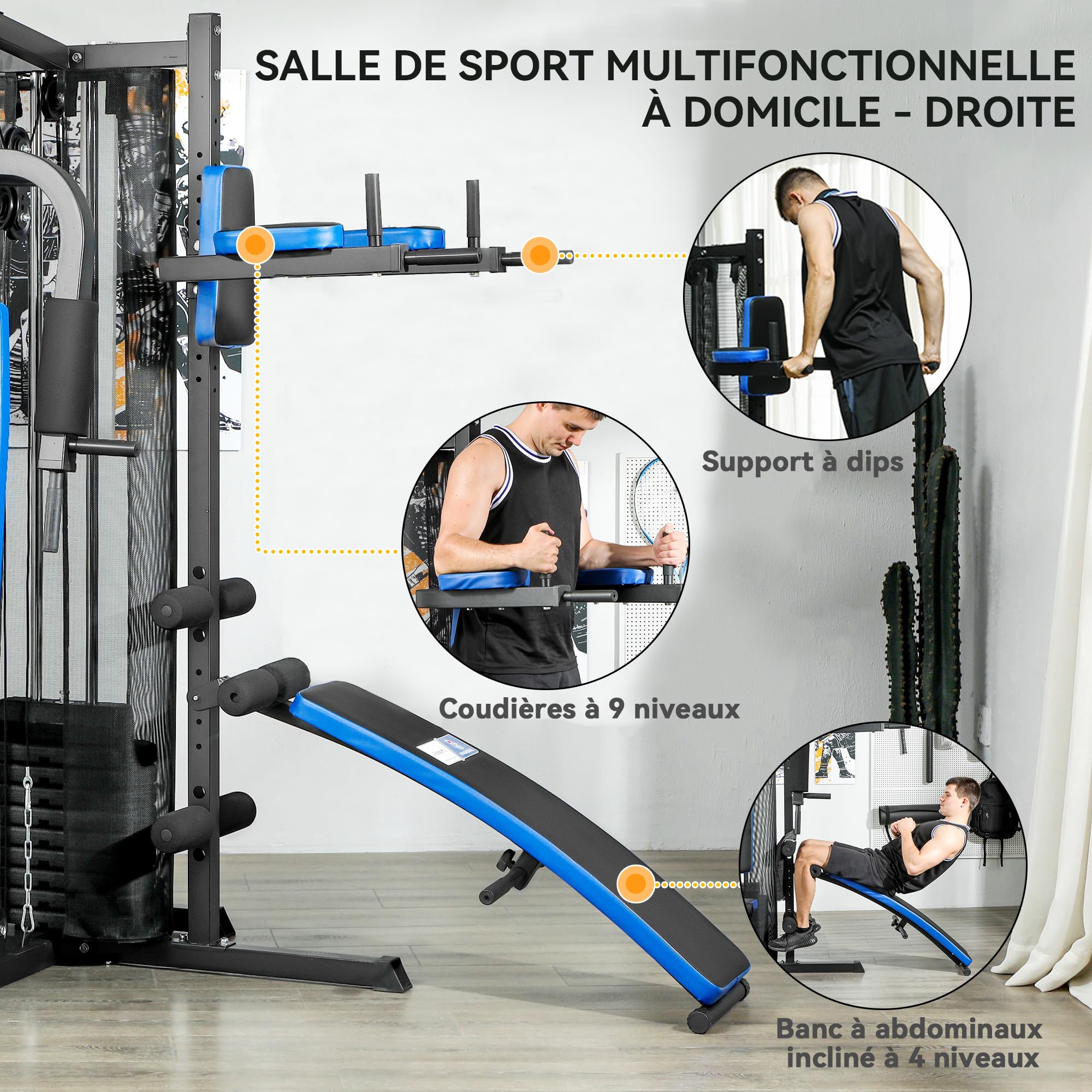 SPORTNOW Station de Musculation Multifonction Ajustable - Collaboration Aosom.FR x FFHandball - Banc Fitness 10 contrepoids 65 kg avec Filet de Protection Appareil de Musculation à Domicile