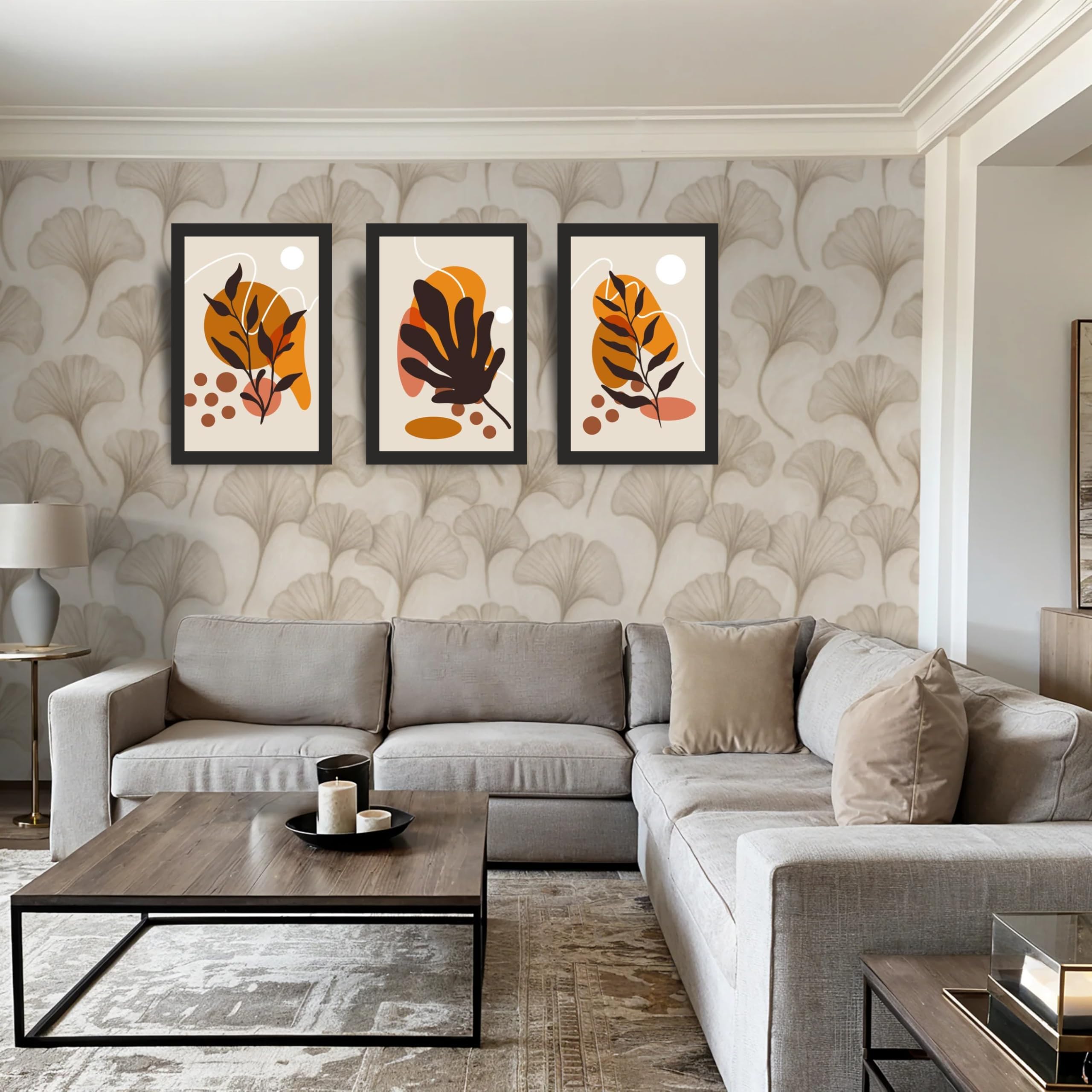 Modern Abstract Botanical Leaf Wall Art Set of 3 Frames