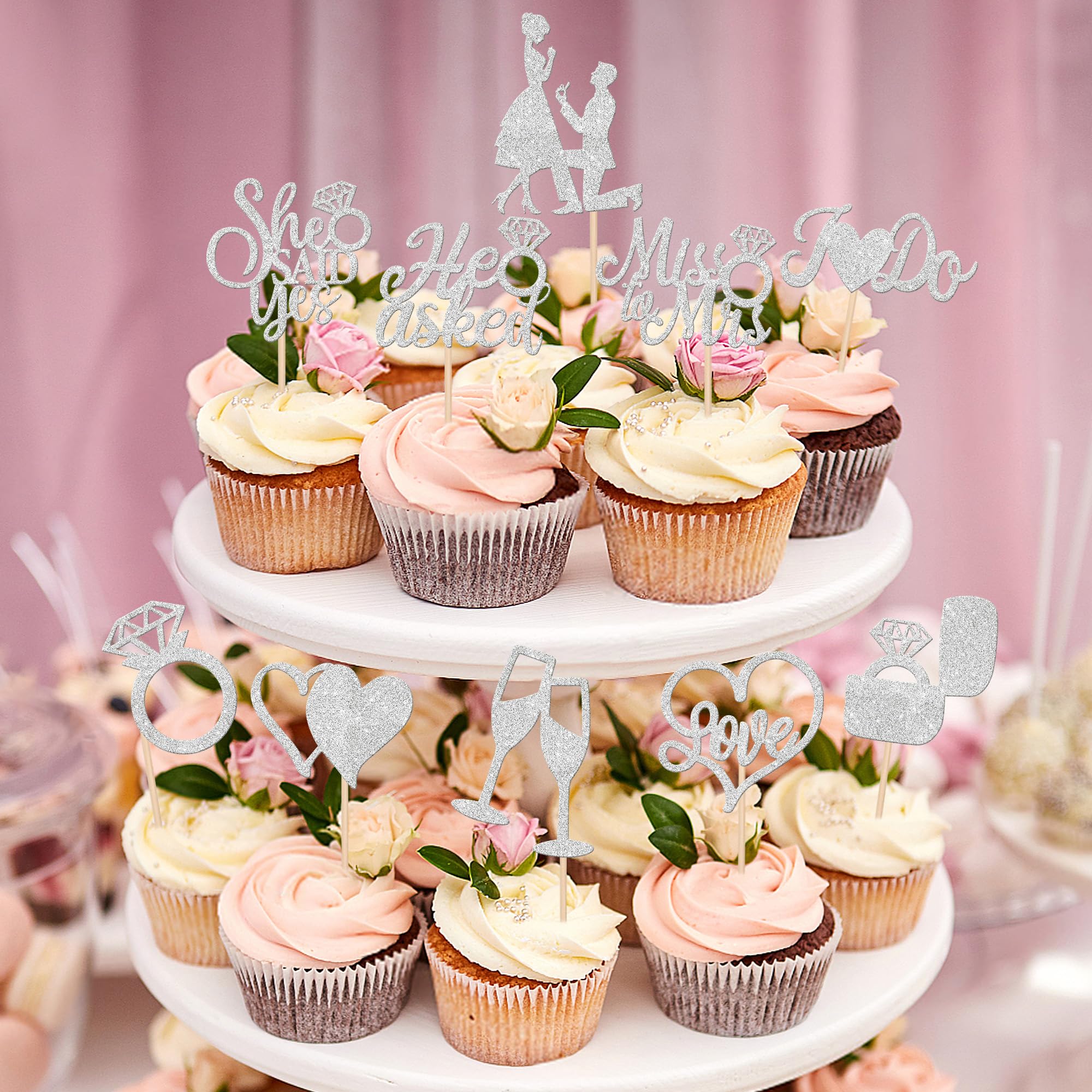 30 Pack He Asked She Said Yes Cupcake Toppers Engagement Cupcake Toppers Miss to Mrs Love Heart Ring Miss to Mrs Cupcake Picks for Wedding Engagement Party Cake Decorations Supplies Silver - Image 4