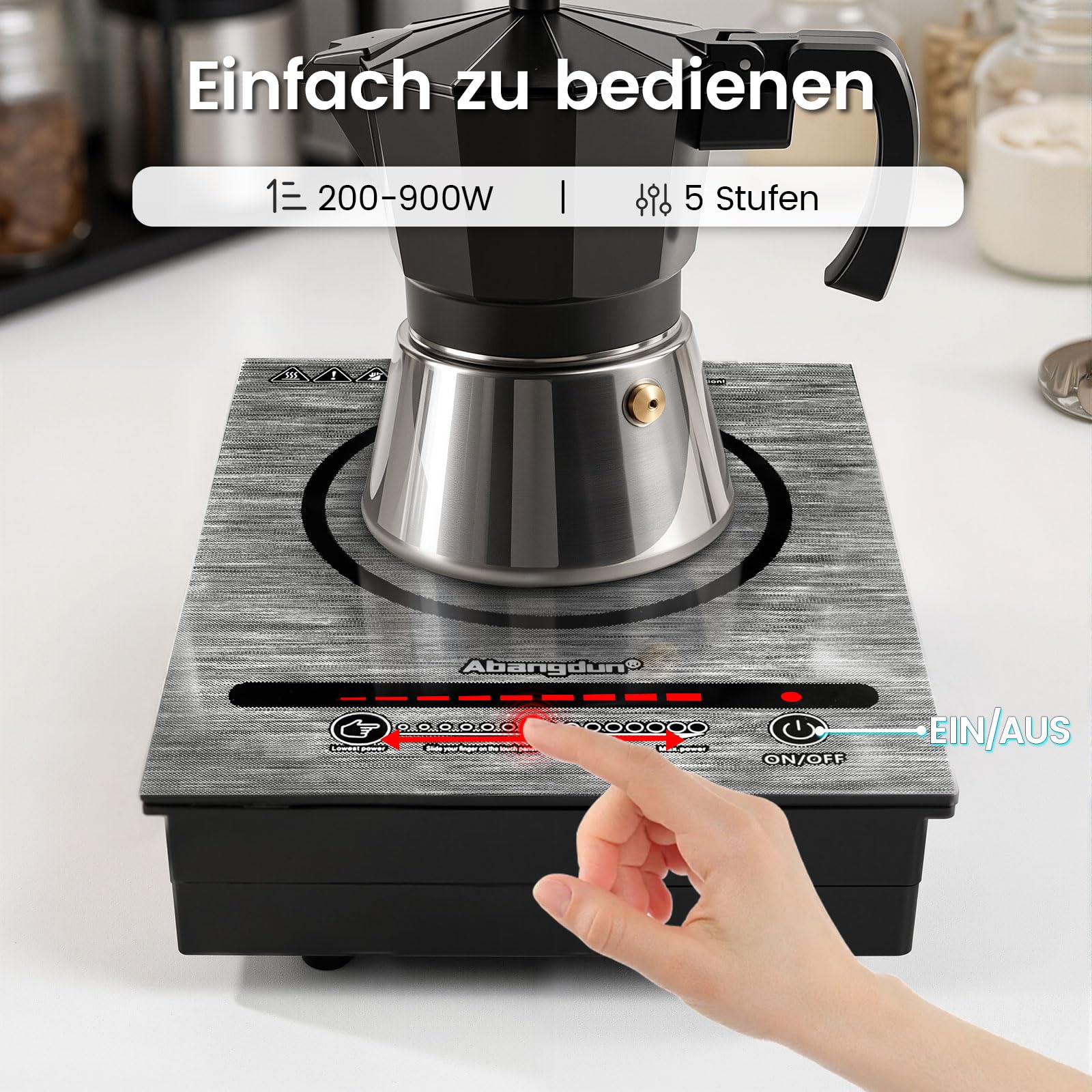 Mini Induktionskochplatte, 900W Mini induktionskochfeld 1 Platte, Induktionskochplatte, Elektrisch Kochplatte Induktion mit 5 Leistungsstufen, 100W-900Watt for Campinganhänger, Camping（T35）